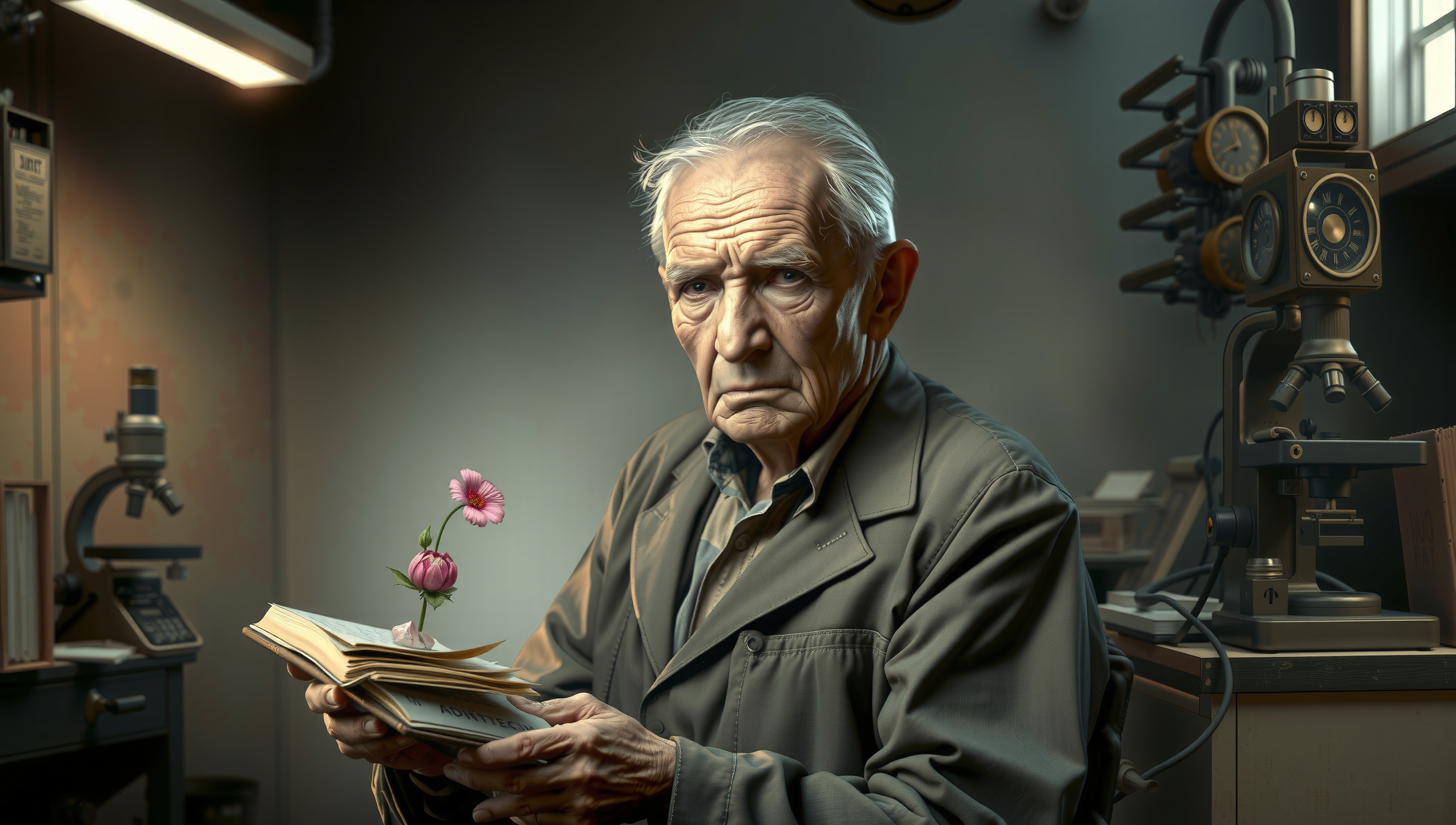 An elderly man in a lab holds a book with a pink flower emerging, blending science and nature.