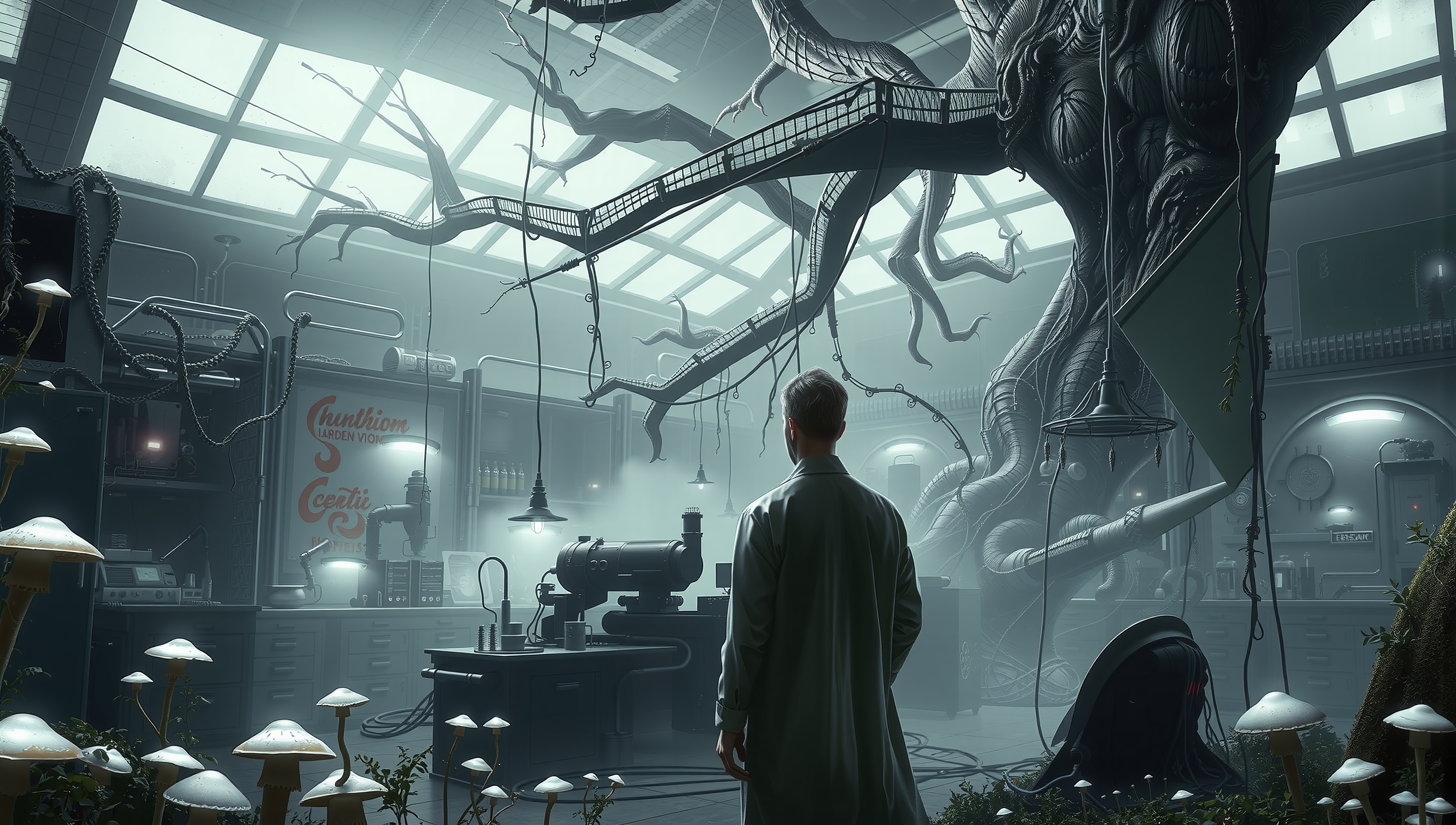 A futuristic lab with a scientist observing a massive tree intertwining with high-tech machinery and fungal growth.