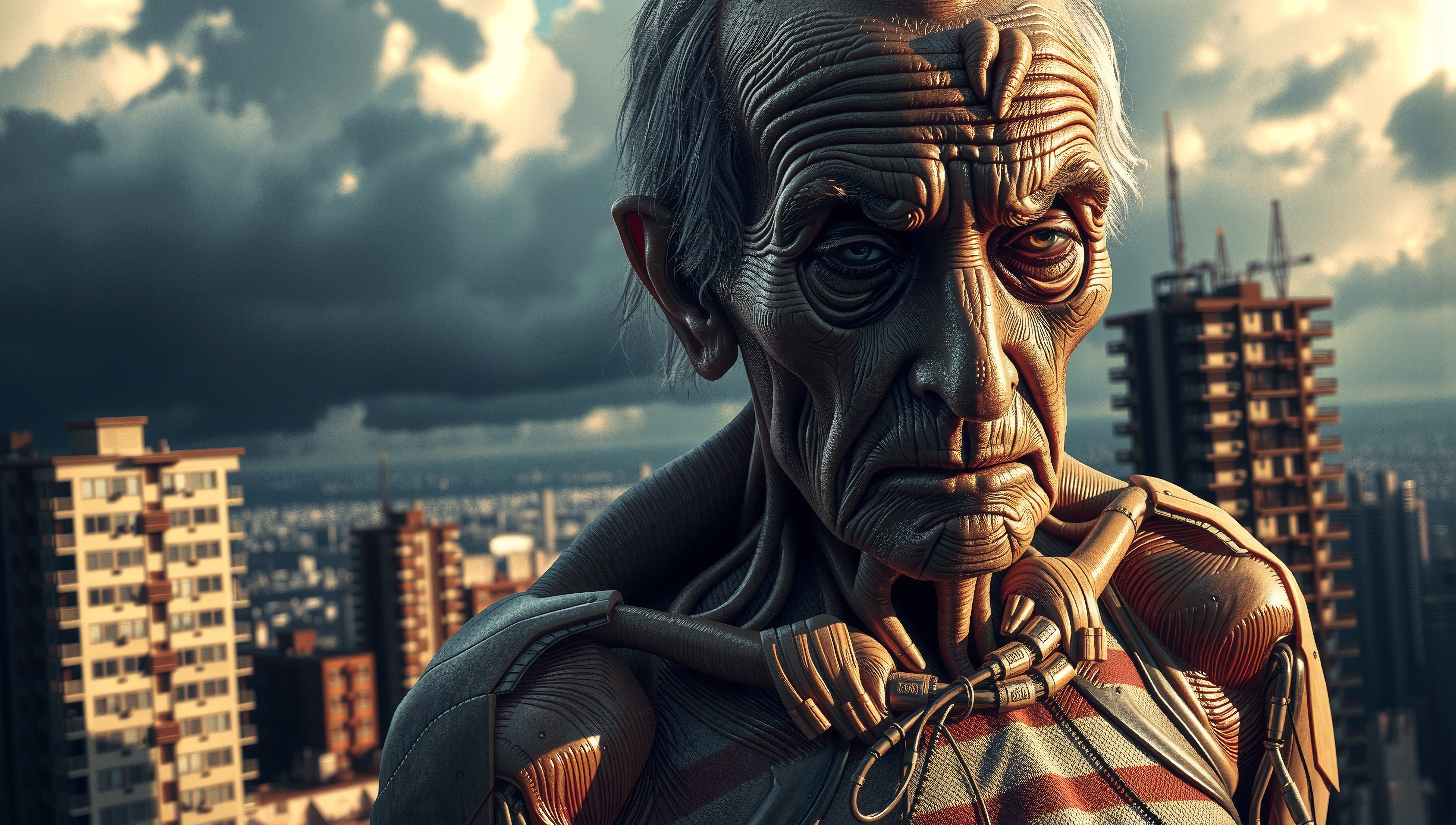 A realistic robot with lifelike features stands against a cityscape under a dramatic sky.