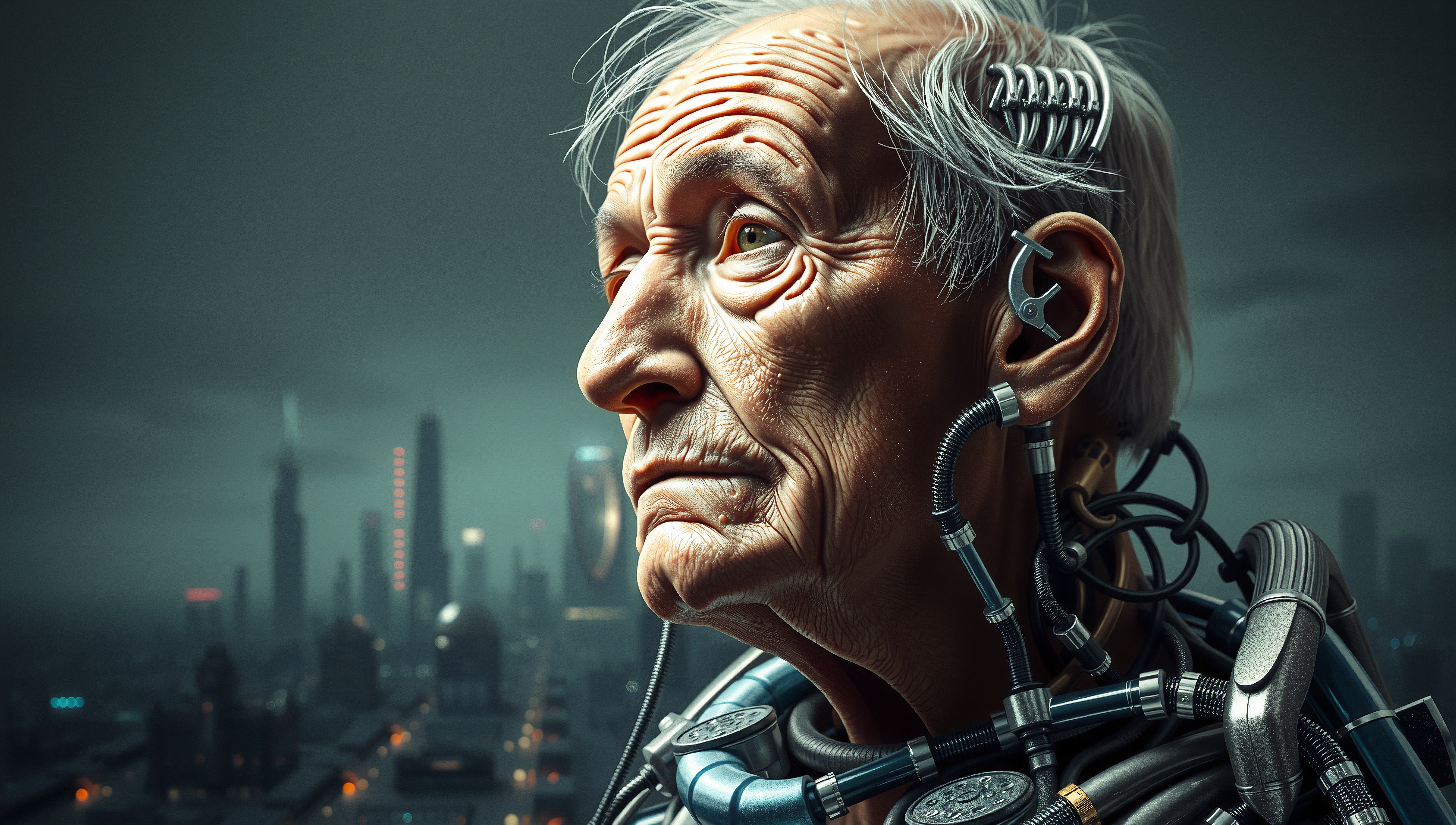 An elderly man with cybernetic enhancements gazes out against a futuristic cityscape backdrop, blending human and machine elements in a contemplative setting.