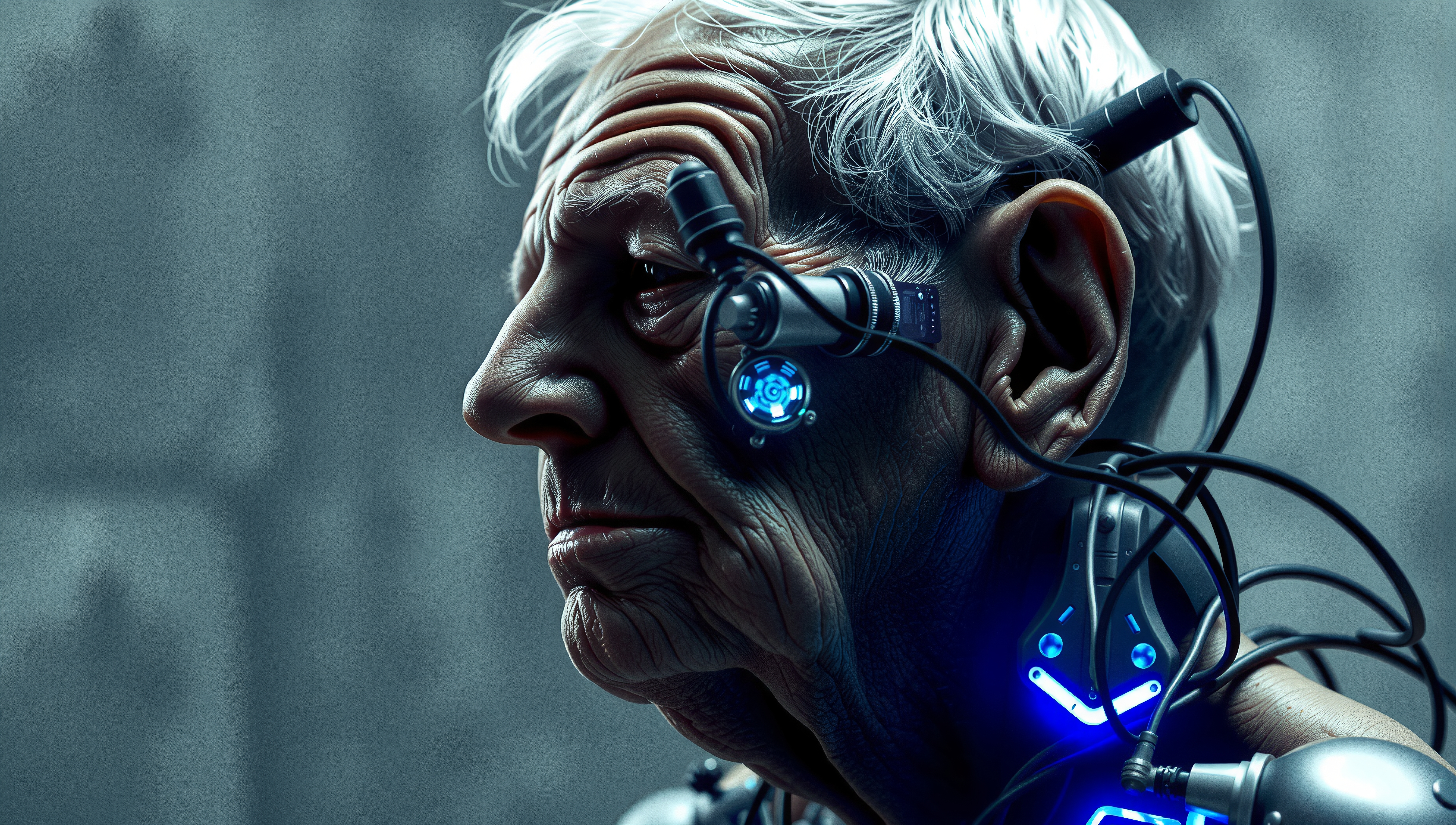 A wise elderly man with cybernetic enhancements and glowing blue elements.