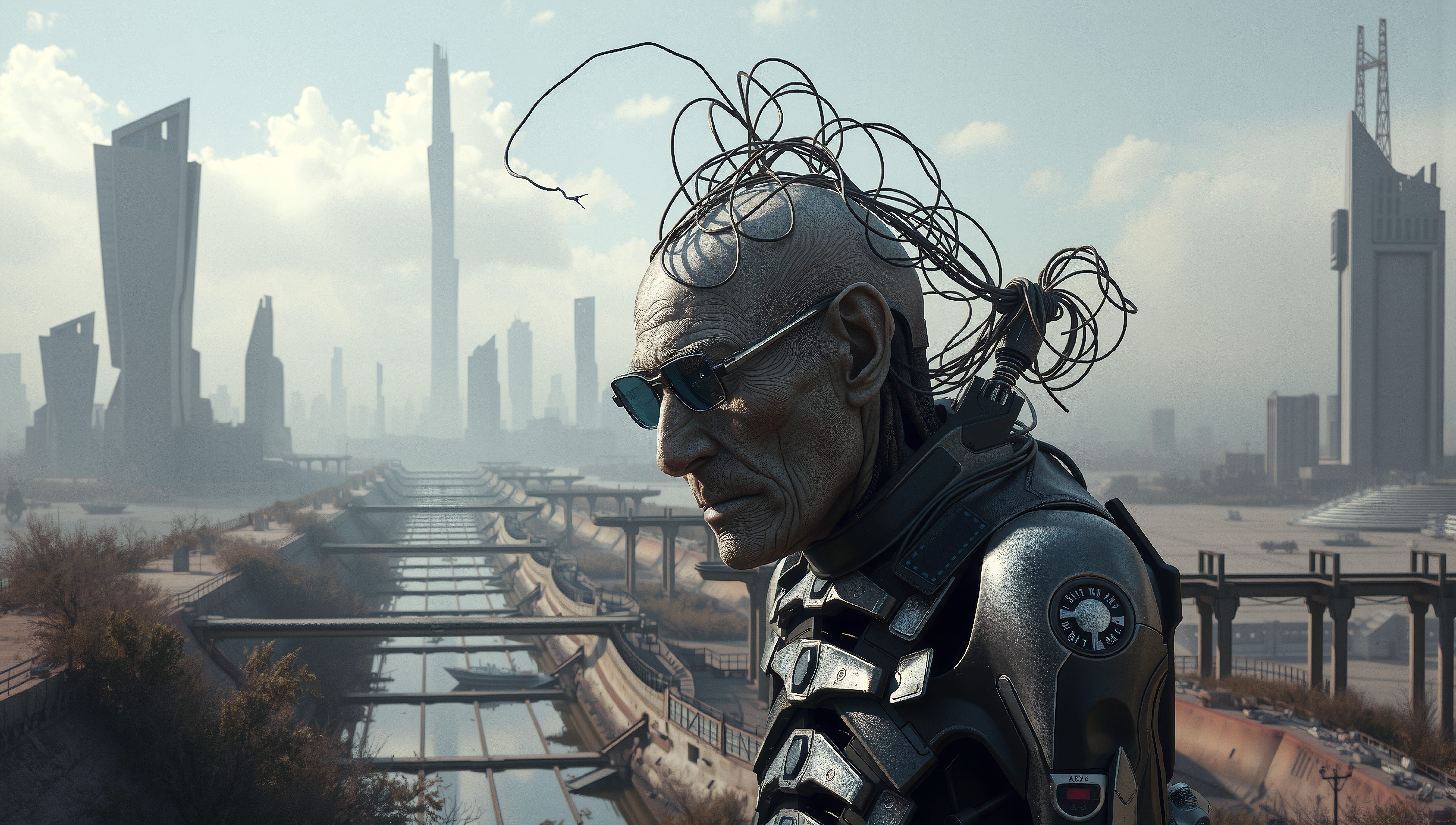 Futuristic cybernetic figure against a modern cityscape background, highlighting technology integration.