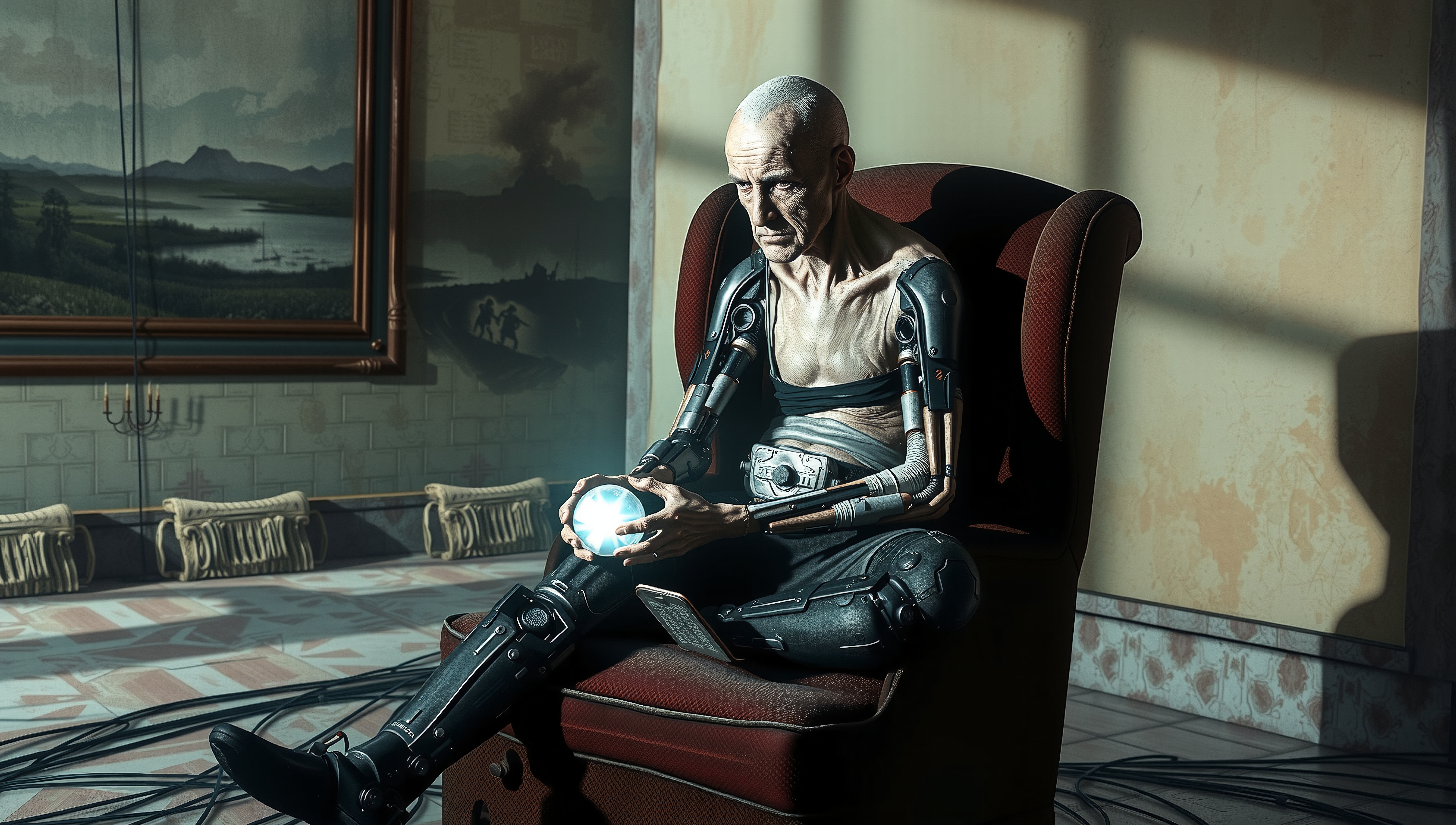 An elderly cyborg holds a glowing orb in a vintage room, highlighting the intersection of humanity and technology.