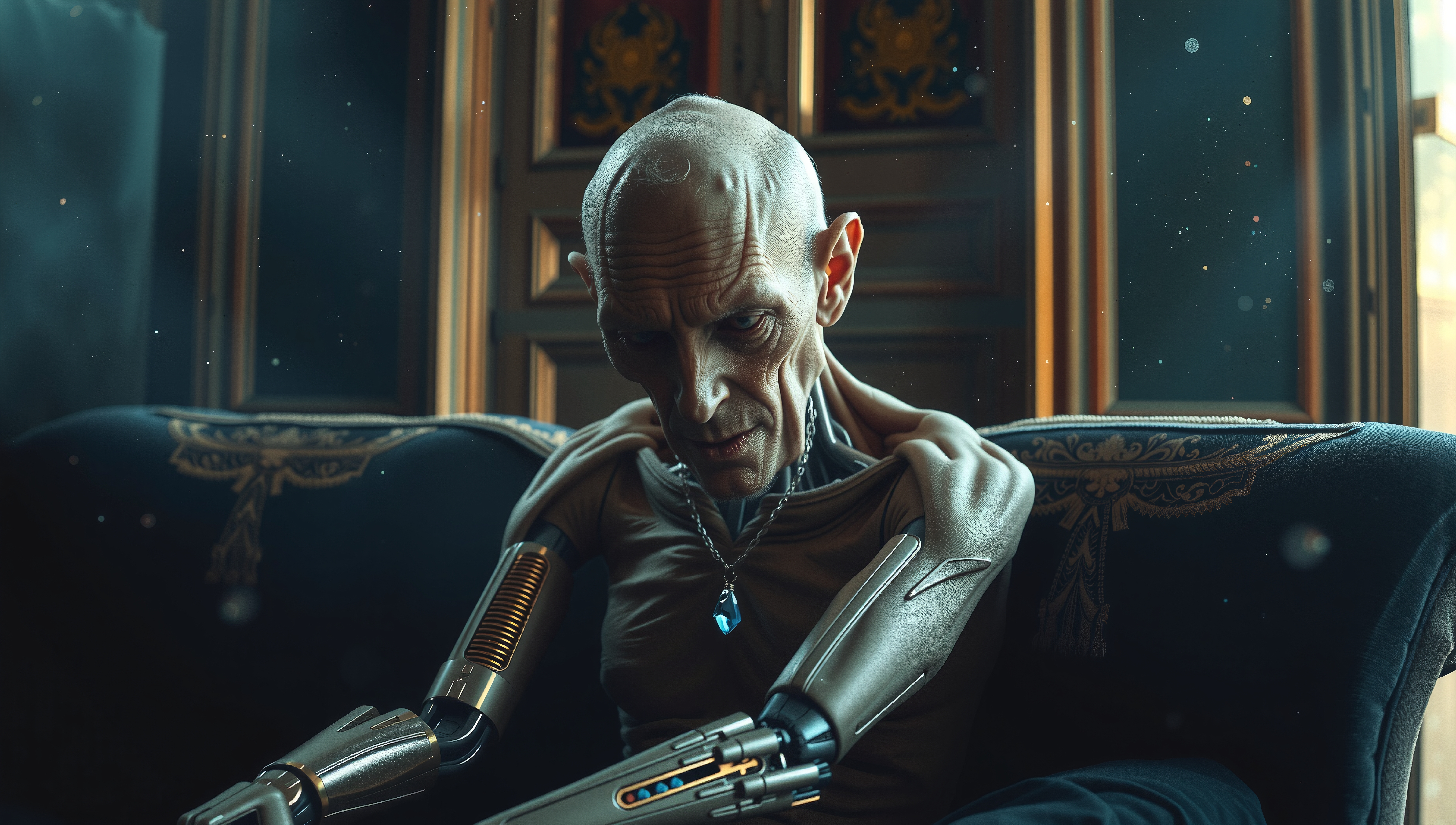 Futuristic humanoid with mechanical arms seated on an ornate sofa.