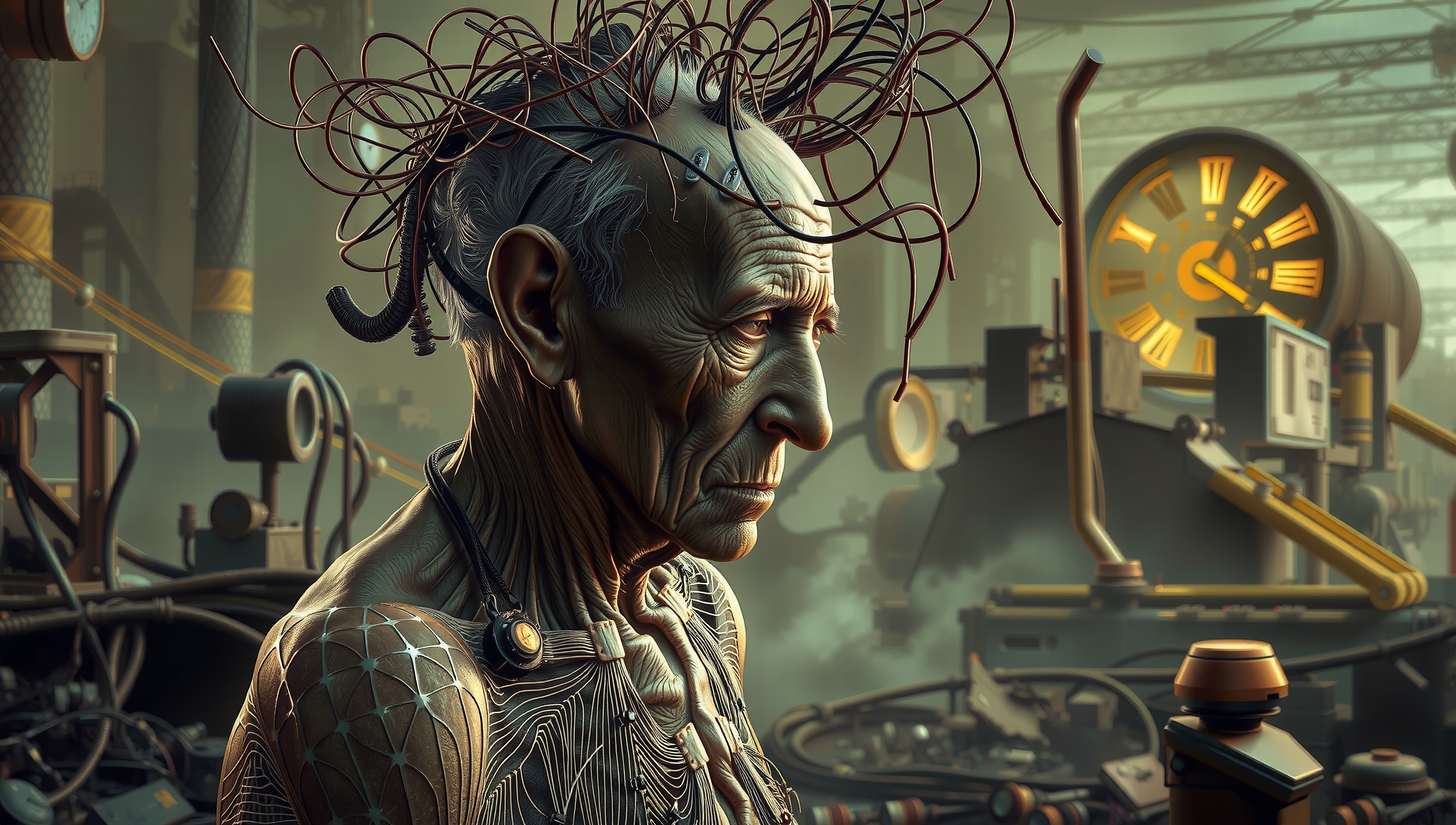Elderly cyborg with wires in steampunk-inspired industrial setting.