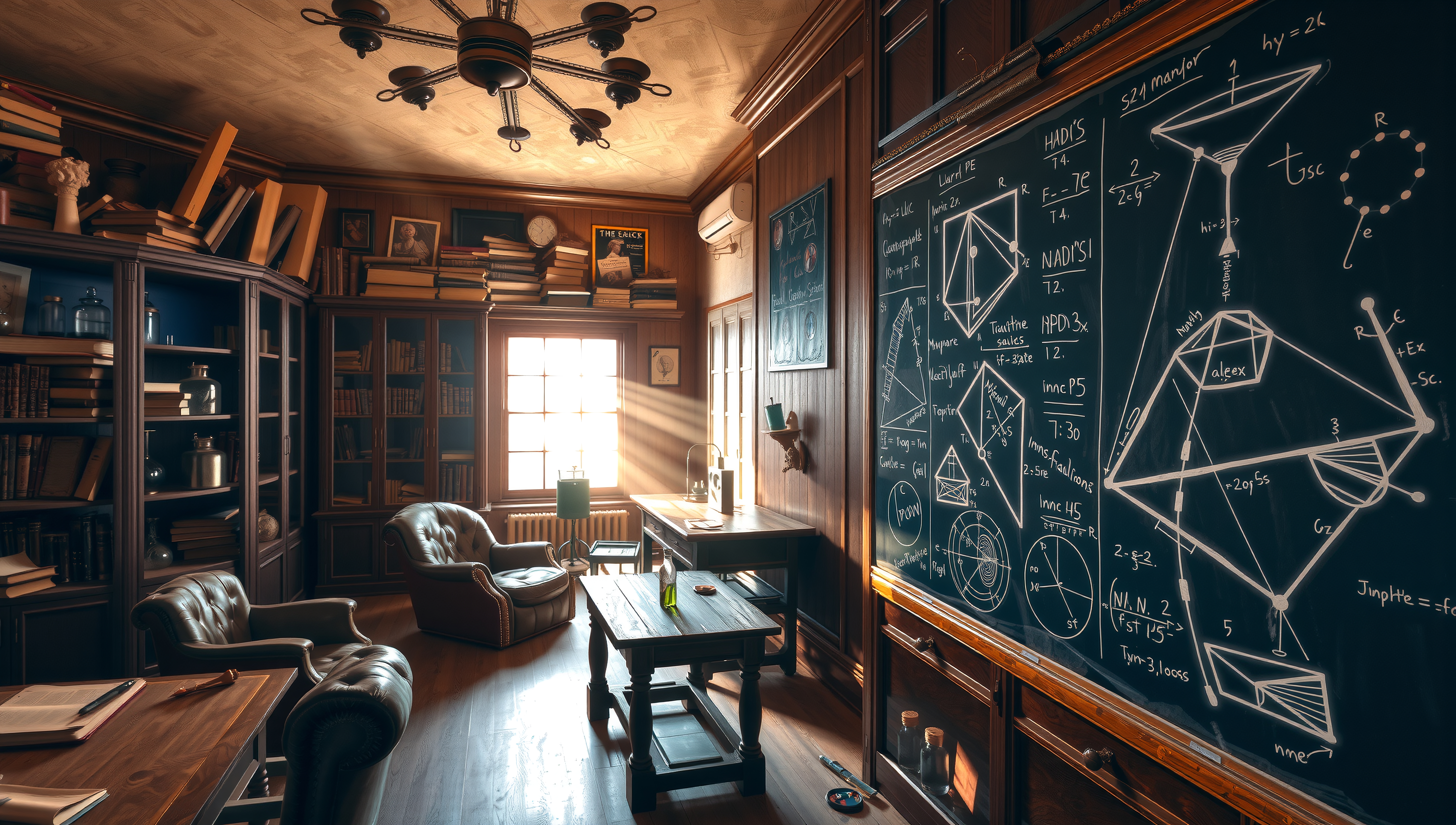 Warm sunlight in a classic study with bookshelves and a math-filled blackboard.