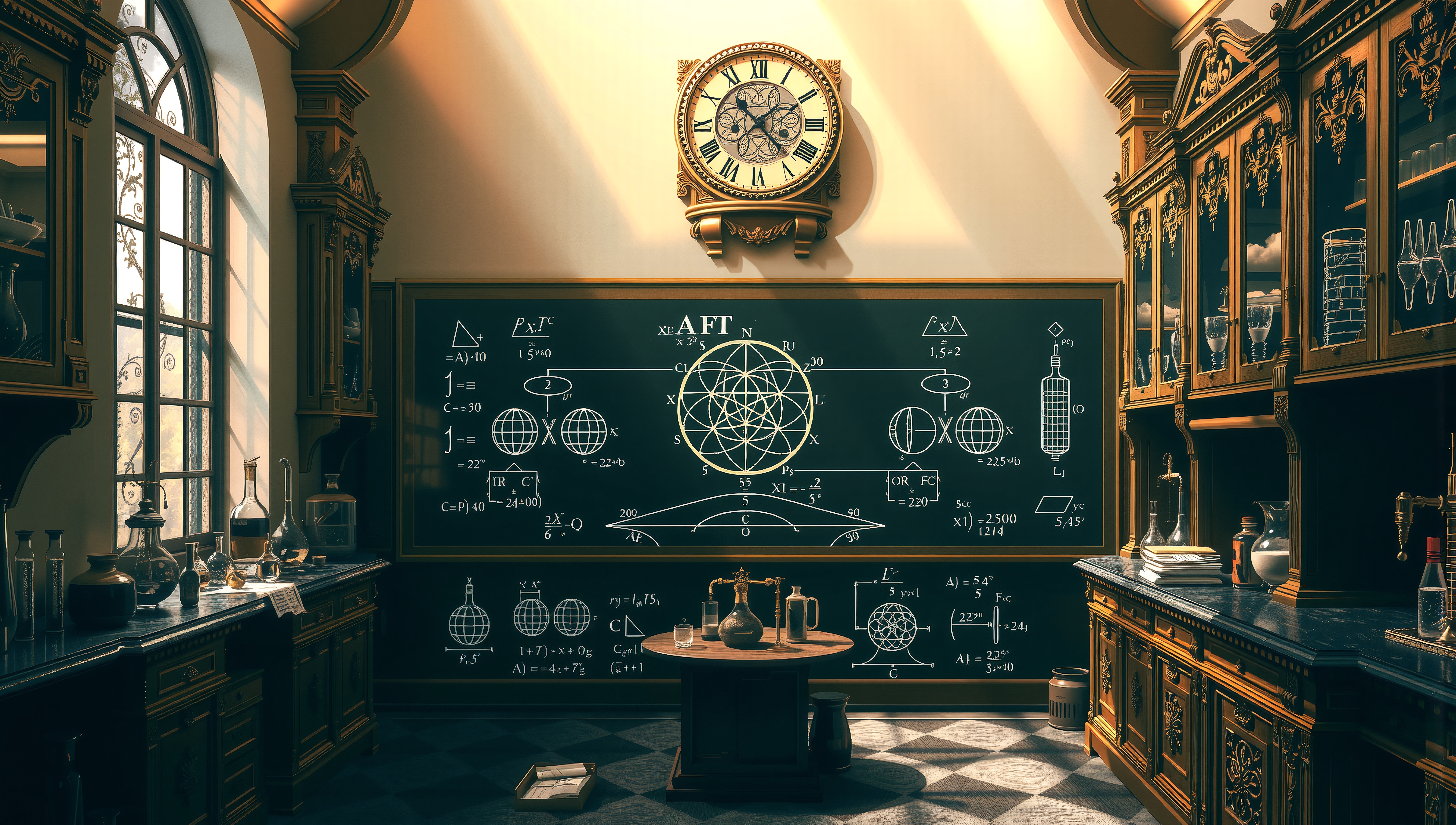 A vintage laboratory with ornate cabinets, glassware, and chalkboard filled with equations under soft natural light.