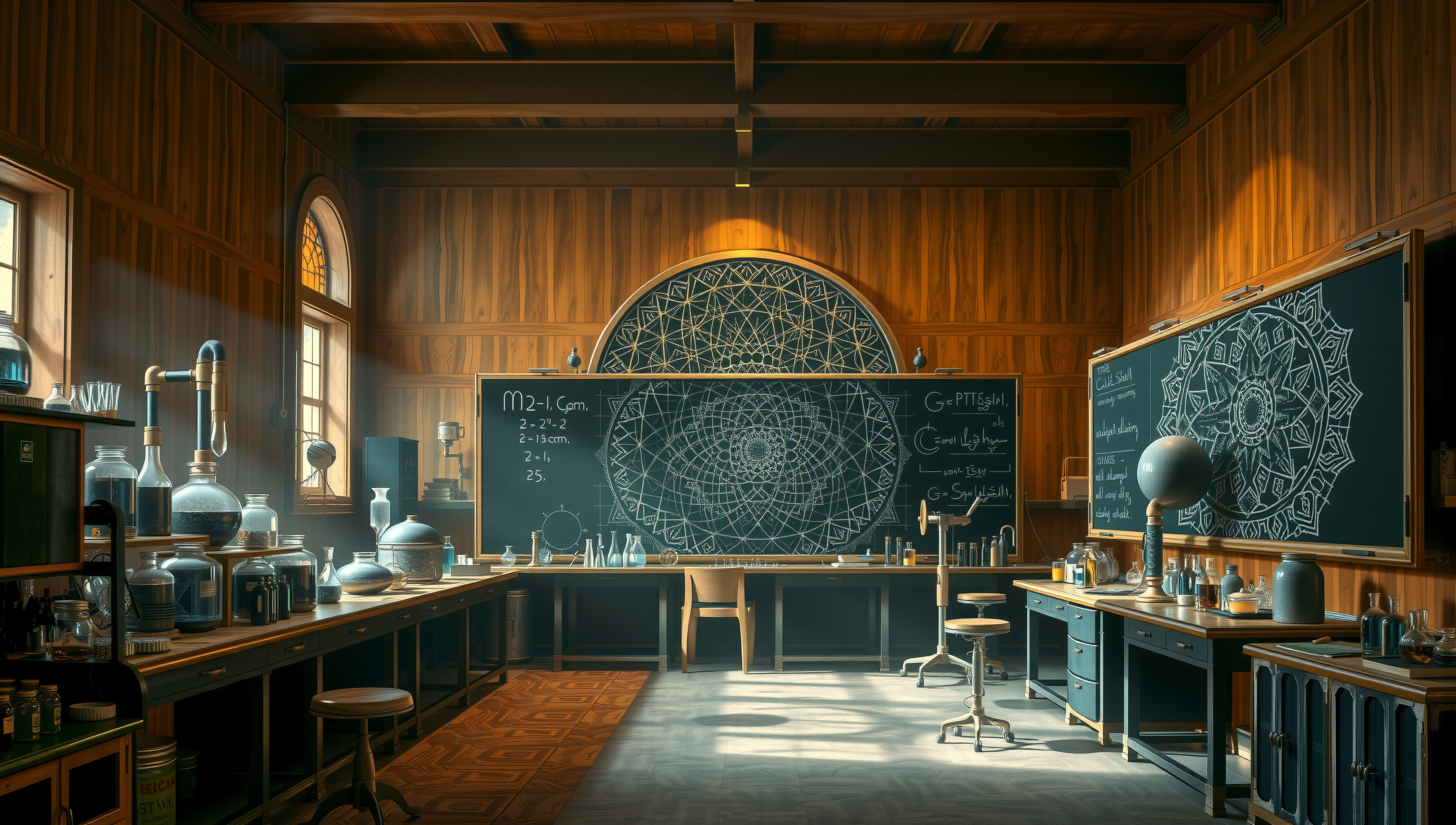 A sunlit laboratory with chalkboards, glassware, and intricate geometric drawings conveys a historic academic atmosphere.