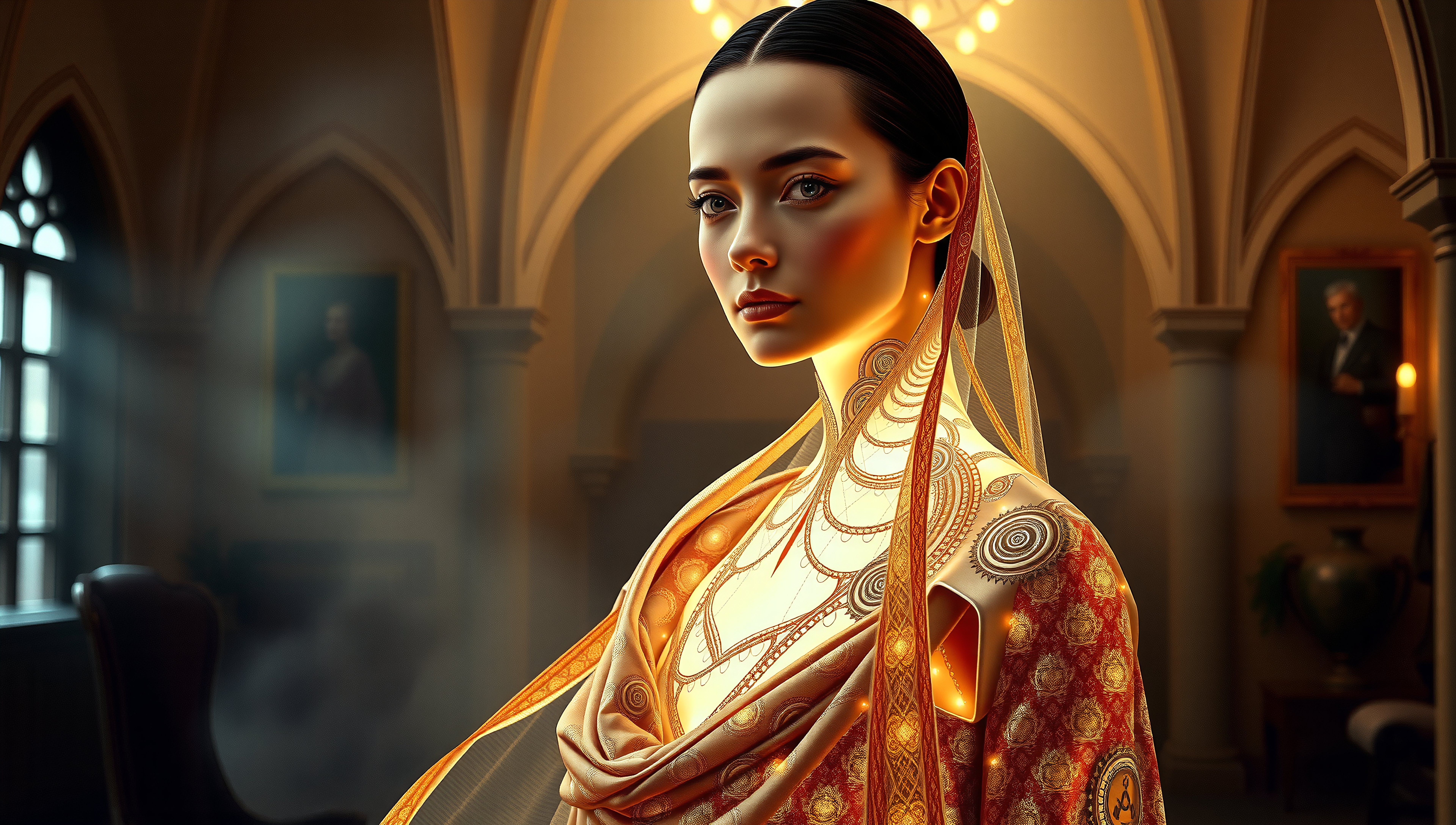 A woman in glowing, ornate attire stands in a Gothic hall, exuding serenity and elegance amidst a blend of historical and futuristic elements.