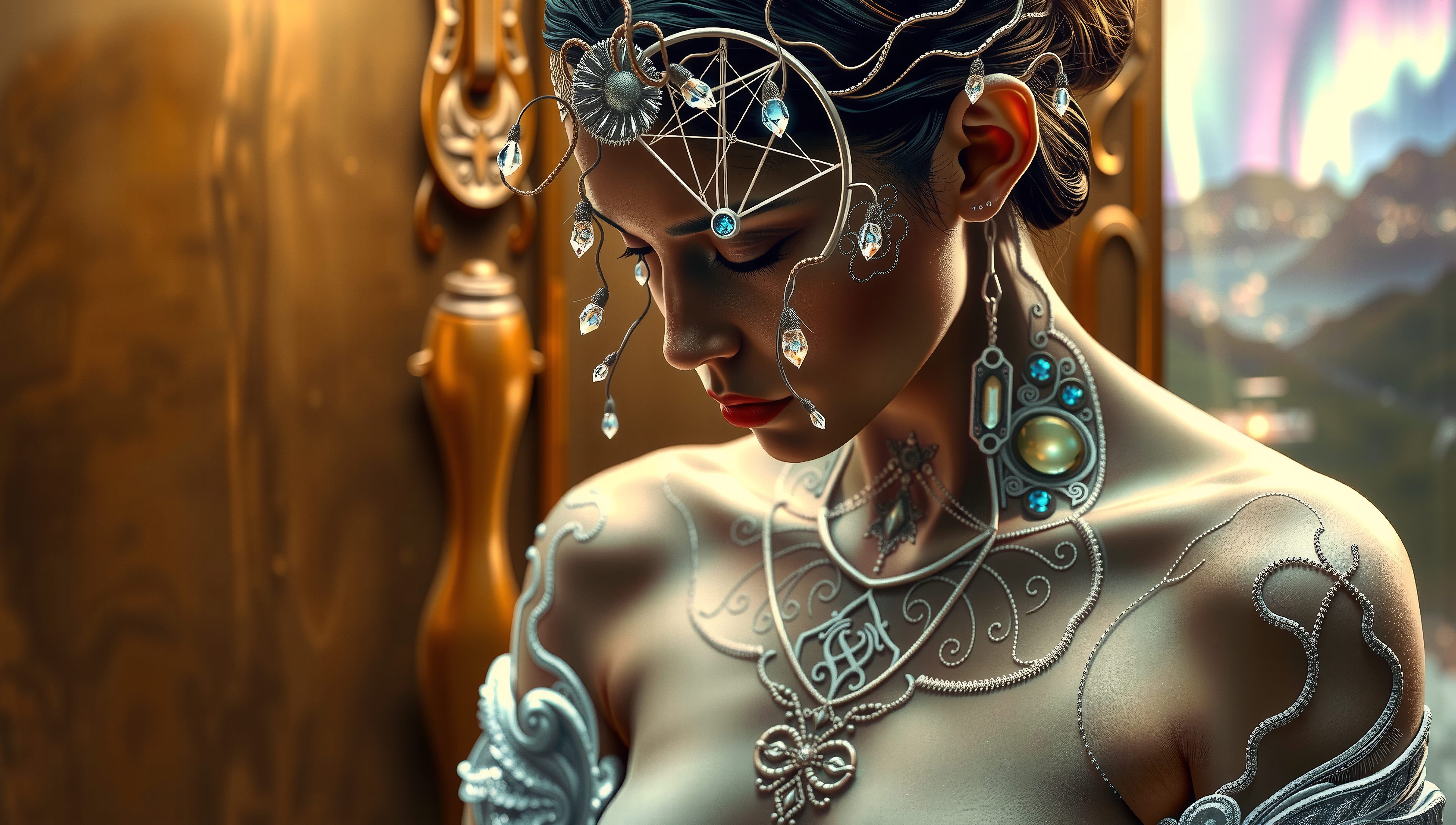 Image of a woman with ornate crystal headpiece and intricate jewelry, blending elegance with a futuristic aesthetic, set against a warm, blurred background.
