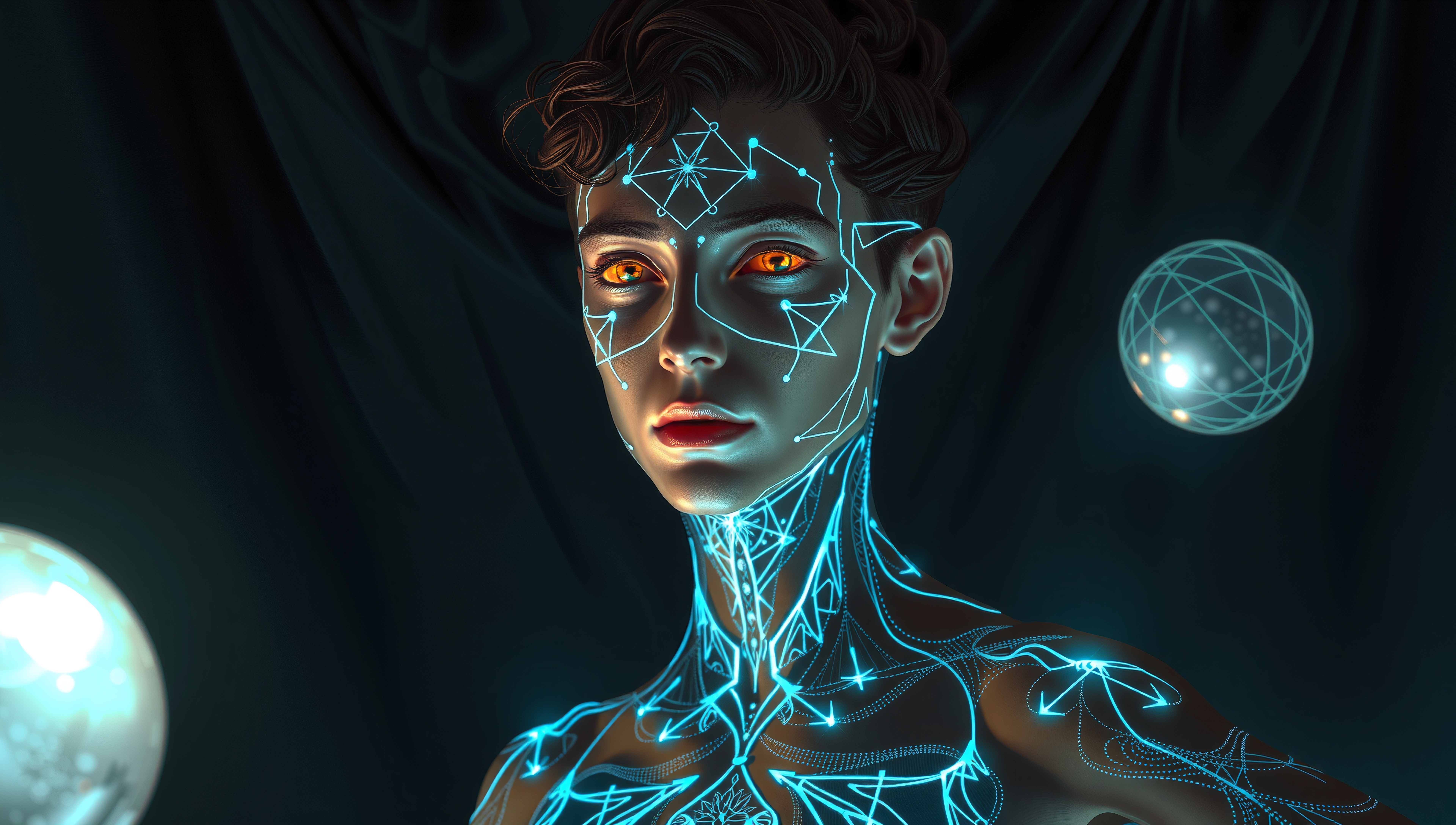 Futuristic character with glowing geometric patterns and vibrant orange eyes.