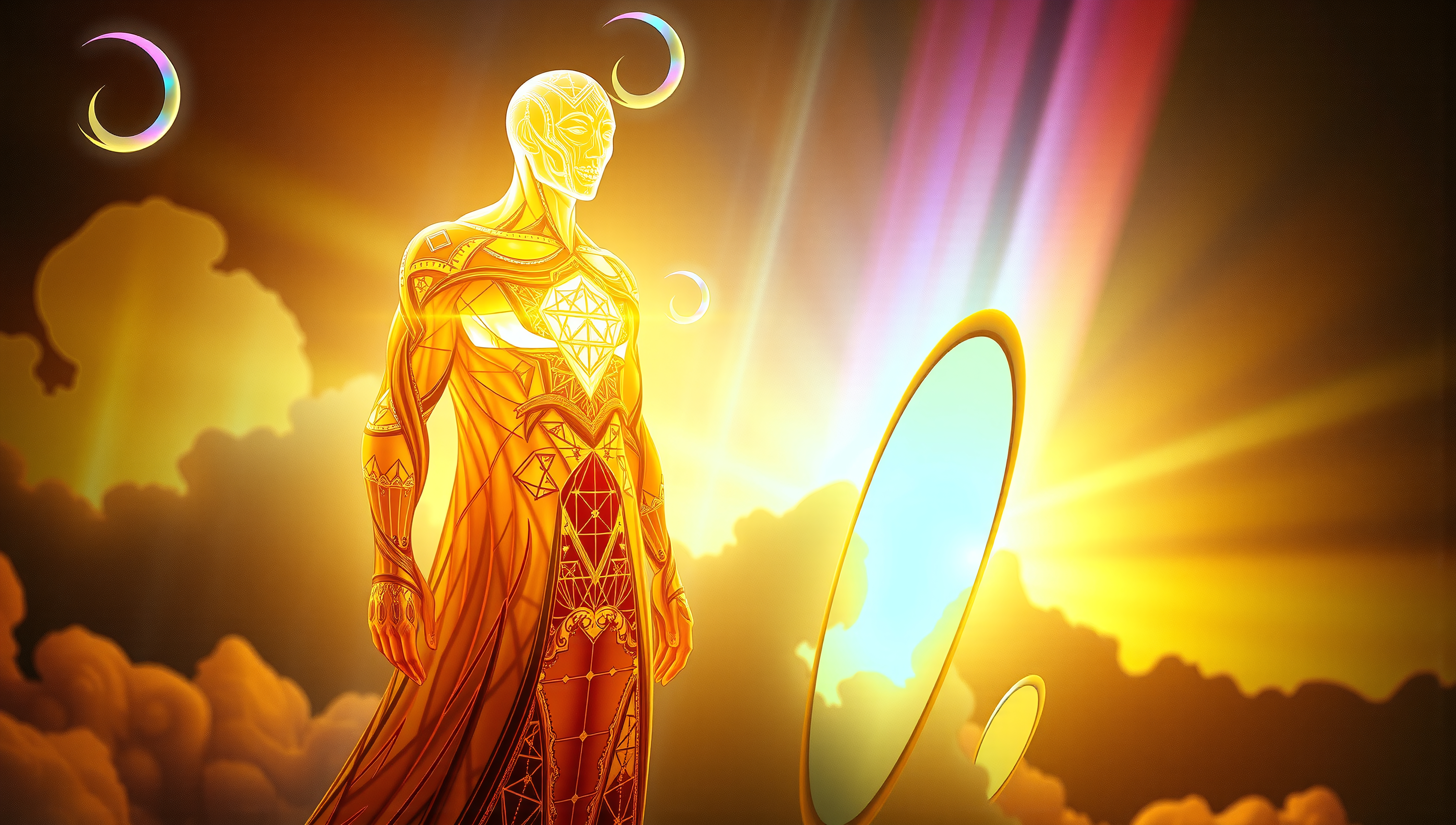 A luminous humanoid figure surrounded by glowing clouds and crescent moons emits radiant, colorful light in a mystical scene.
