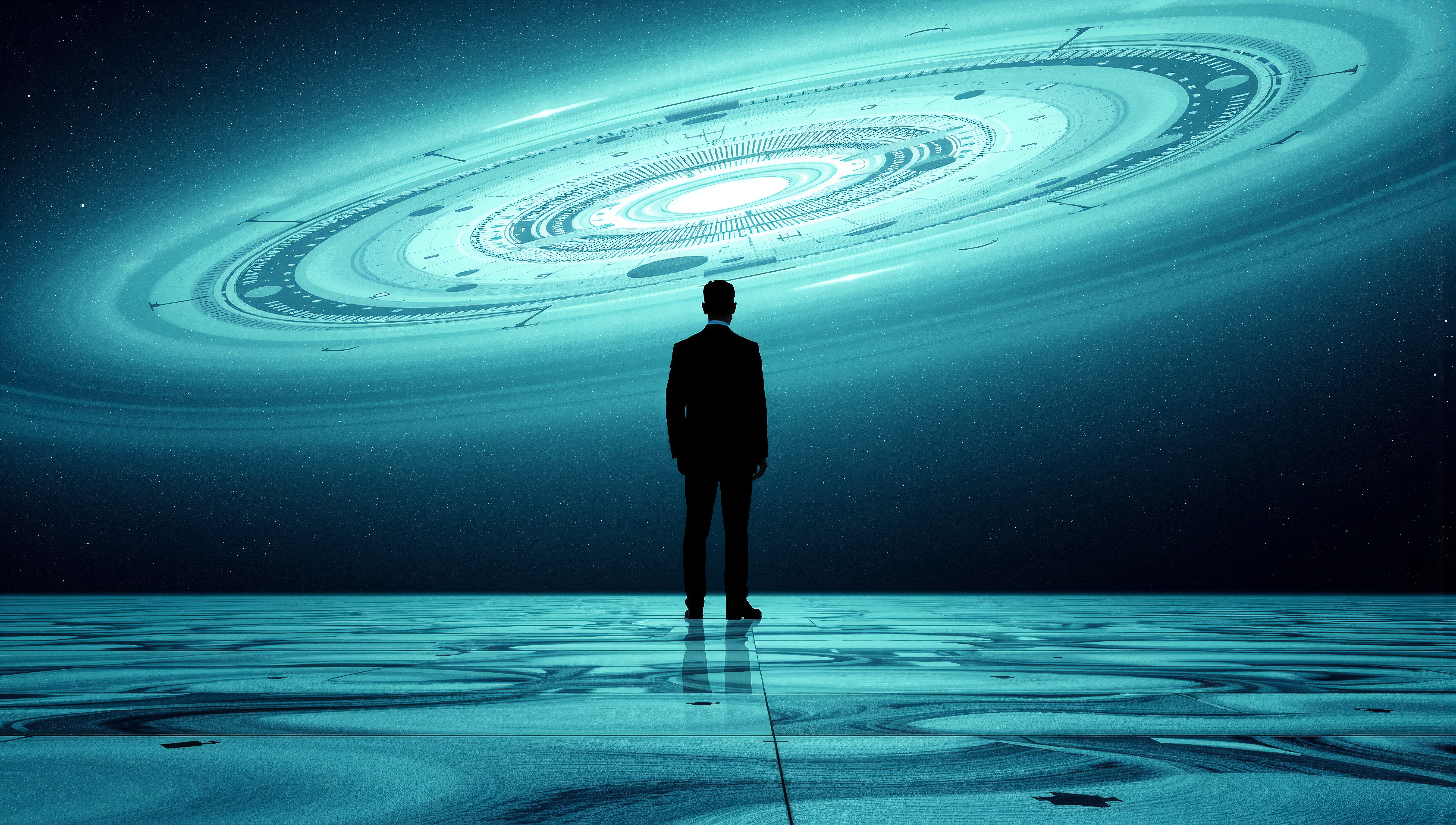 A silhouetted figure faces a glowing circular structure in a cosmic, futuristic environment.