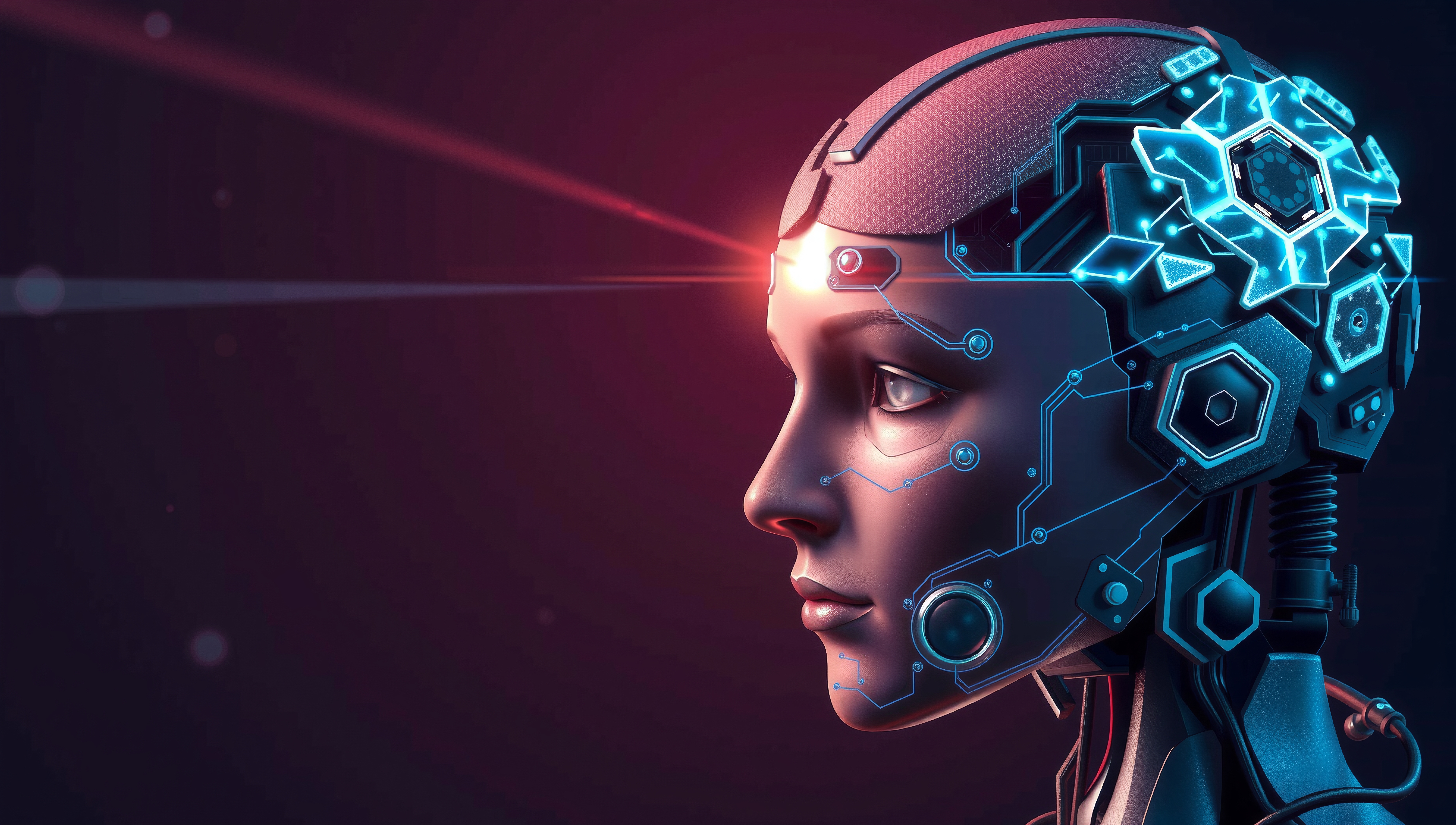 A futuristic robot head with illuminated blue circuitry and a red laser beam projecting from its forehead, set against a dark background.