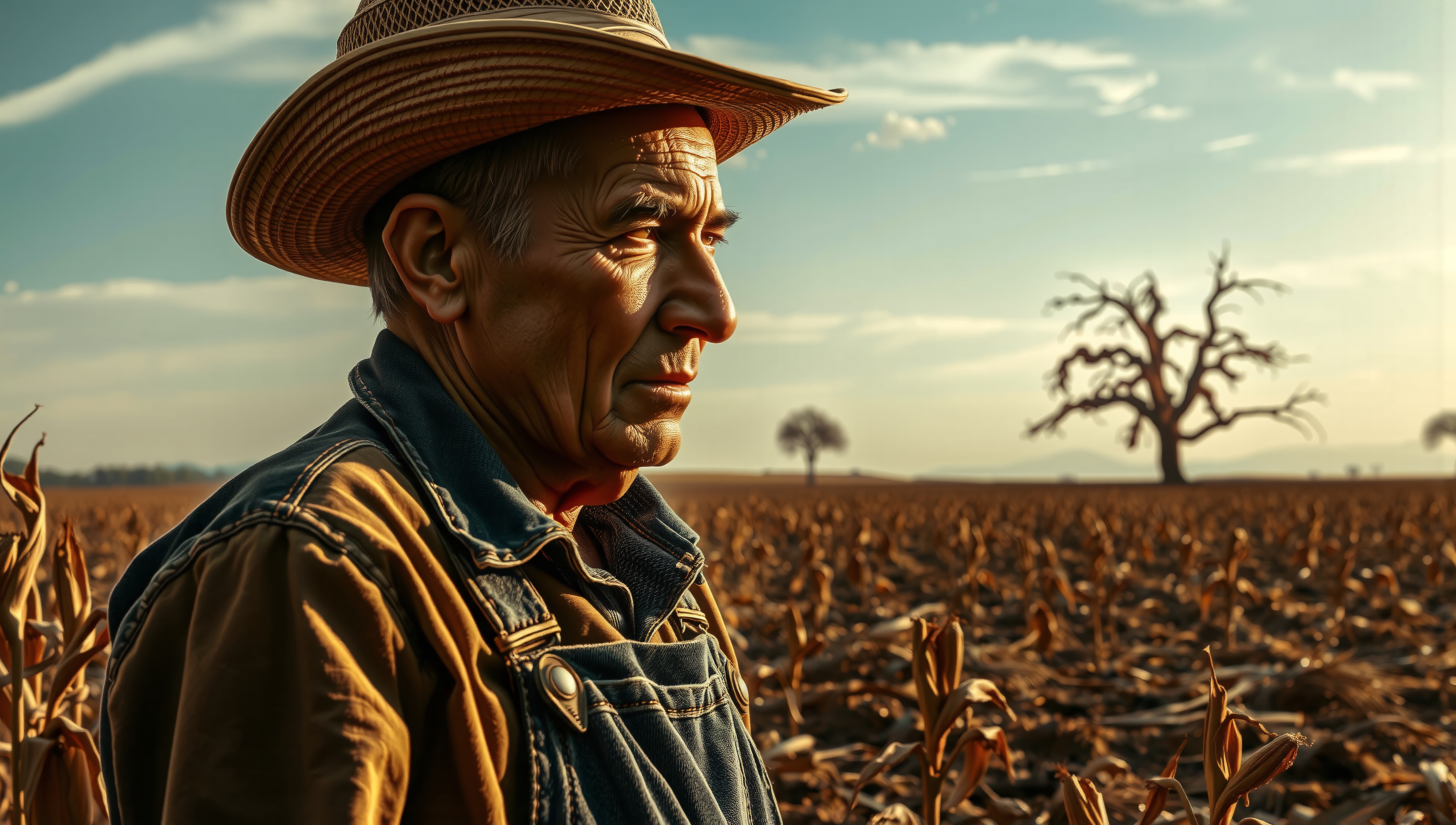 A contemplative farmer stands in a sunlit field with a solitary tree silhouetted against the azure sky, embodying resilience and connection to the land.