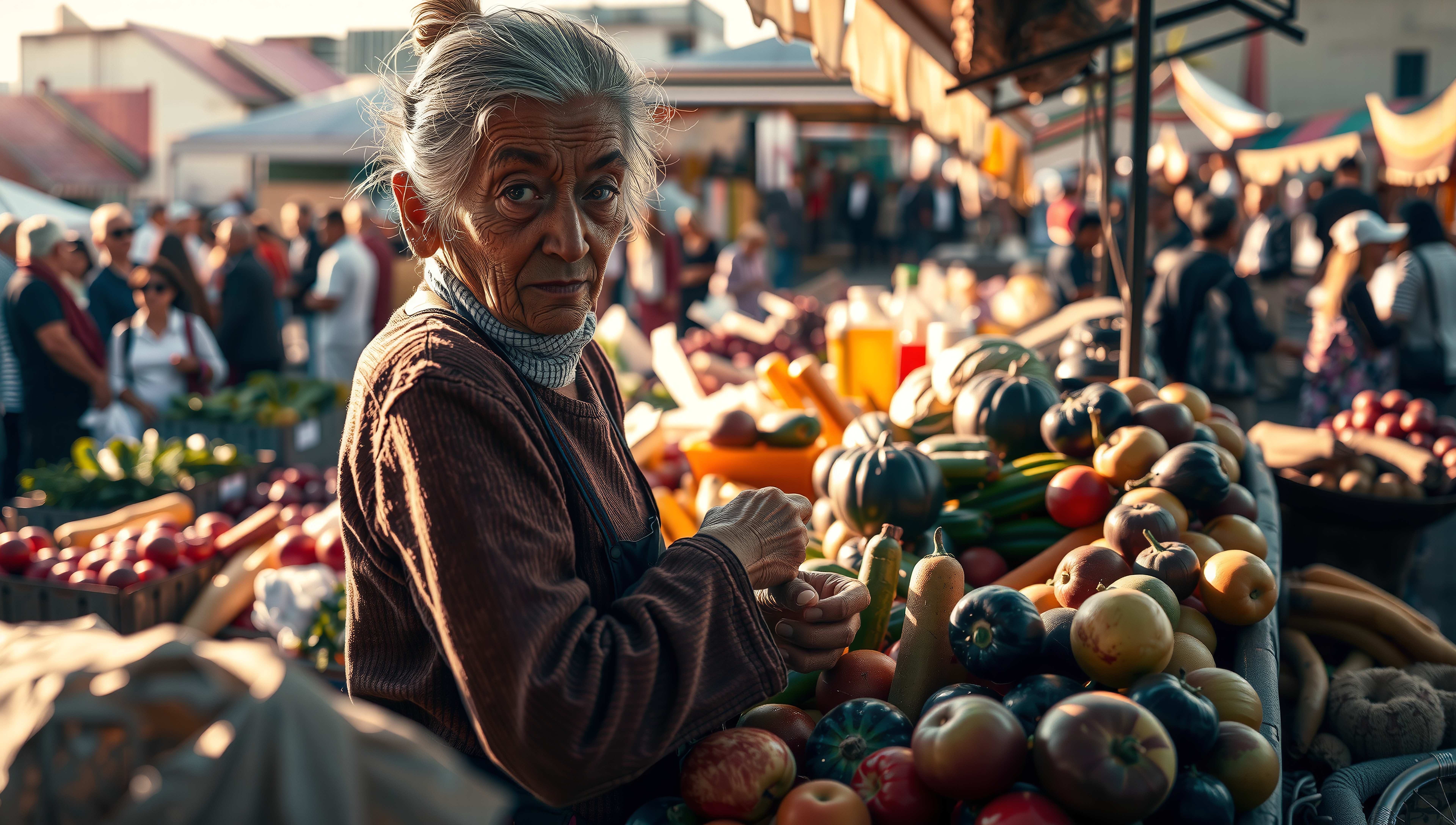 An elderly woman at a market stall sells colorful vegetables under the warm sunlight.