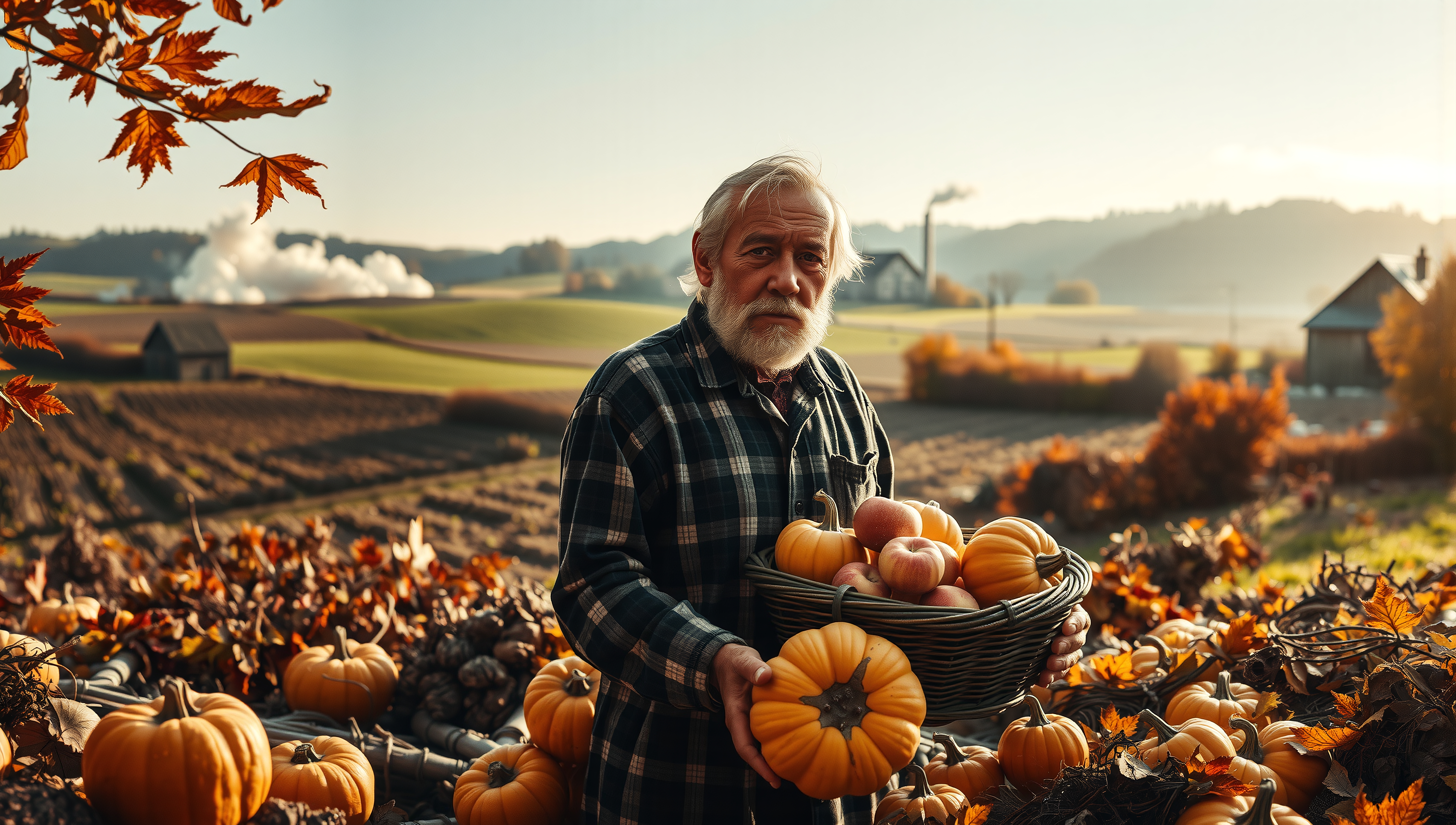 Elderly farmer holding basket of pumpkins and apples in autumn countryside setting.