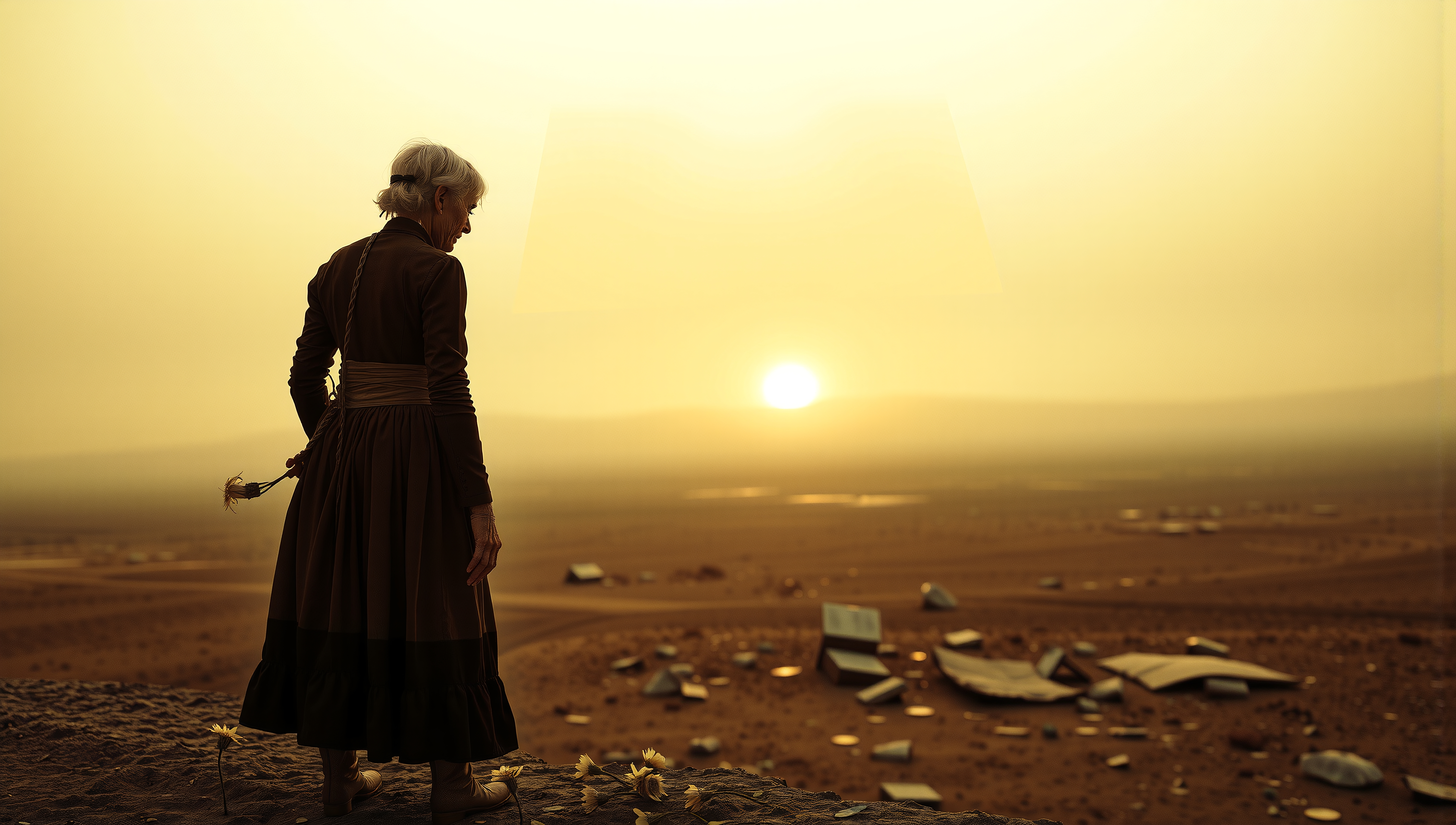Elderly woman silhouetted against sunset in a desert landscape.