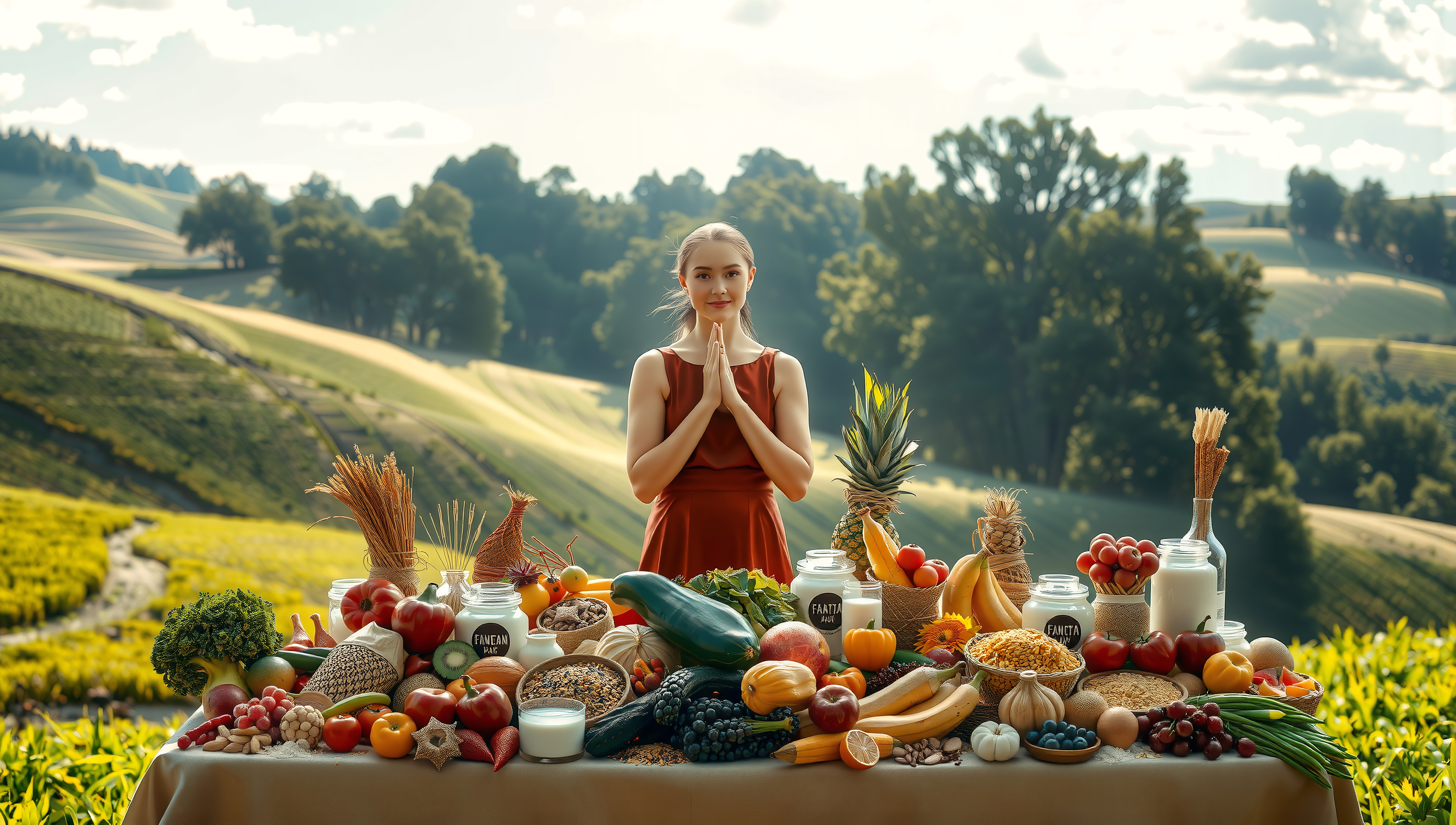 A woman celebrates nature's bounty with an abundant table of fruits and vegetables against a serene landscape.