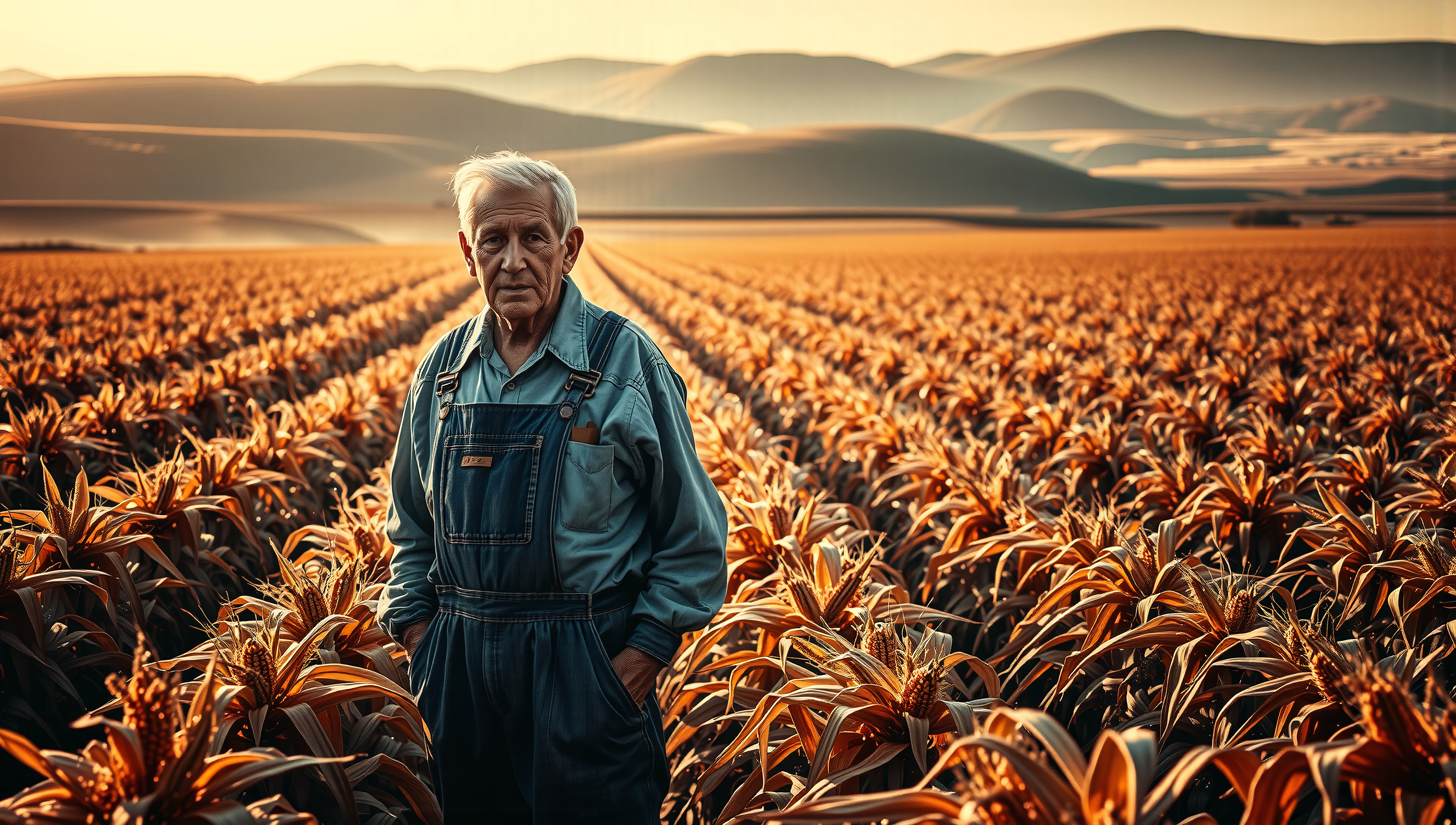 An elderly farmer stands in a vast cornfield under a warm sunset.