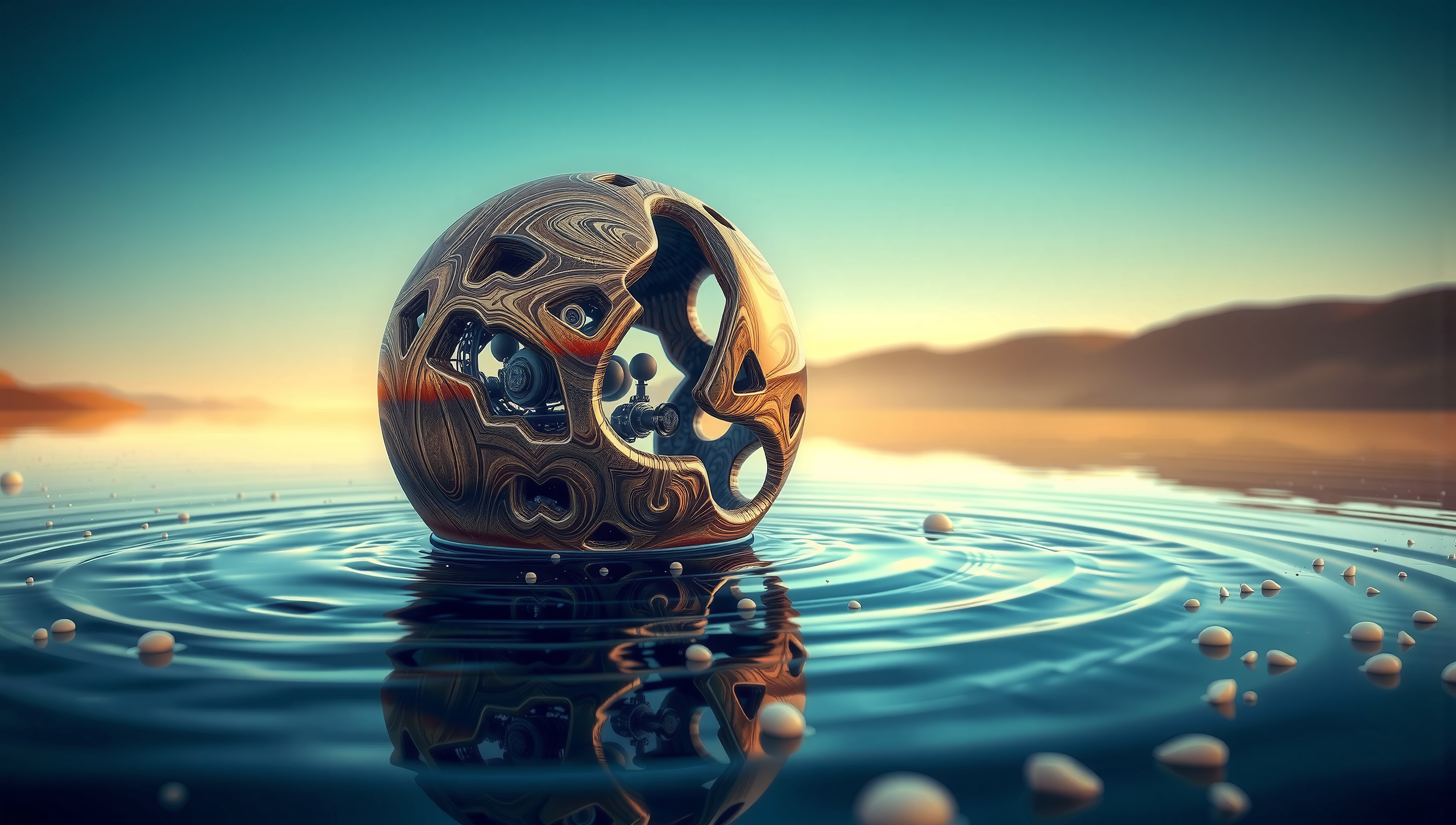 A futuristic geometric sphere floats on tranquil water, reflecting light and nature in harmony.