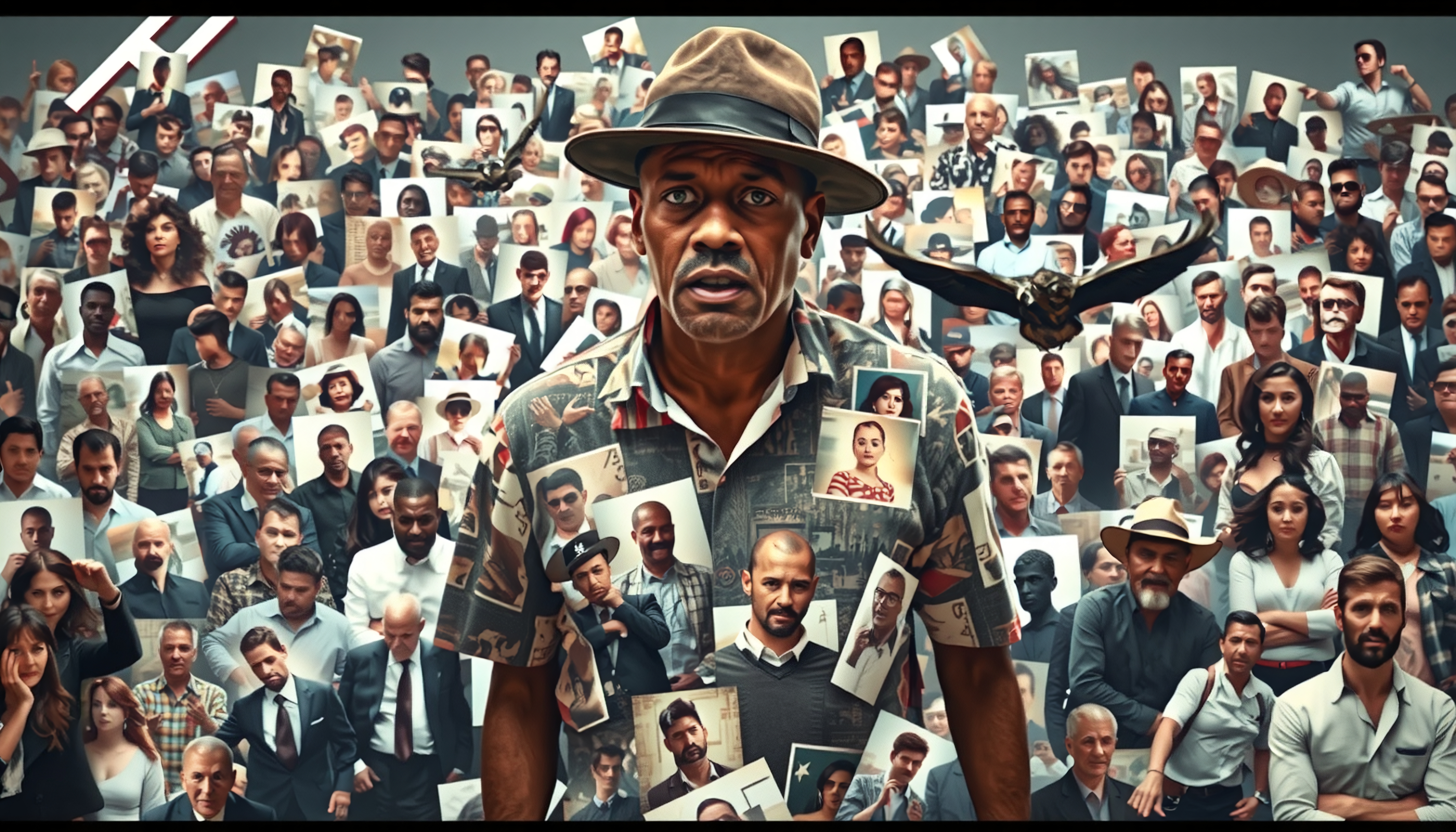 A man in a photo collage shirt stands surrounded by a diverse crowd holding photographs, with birds above.