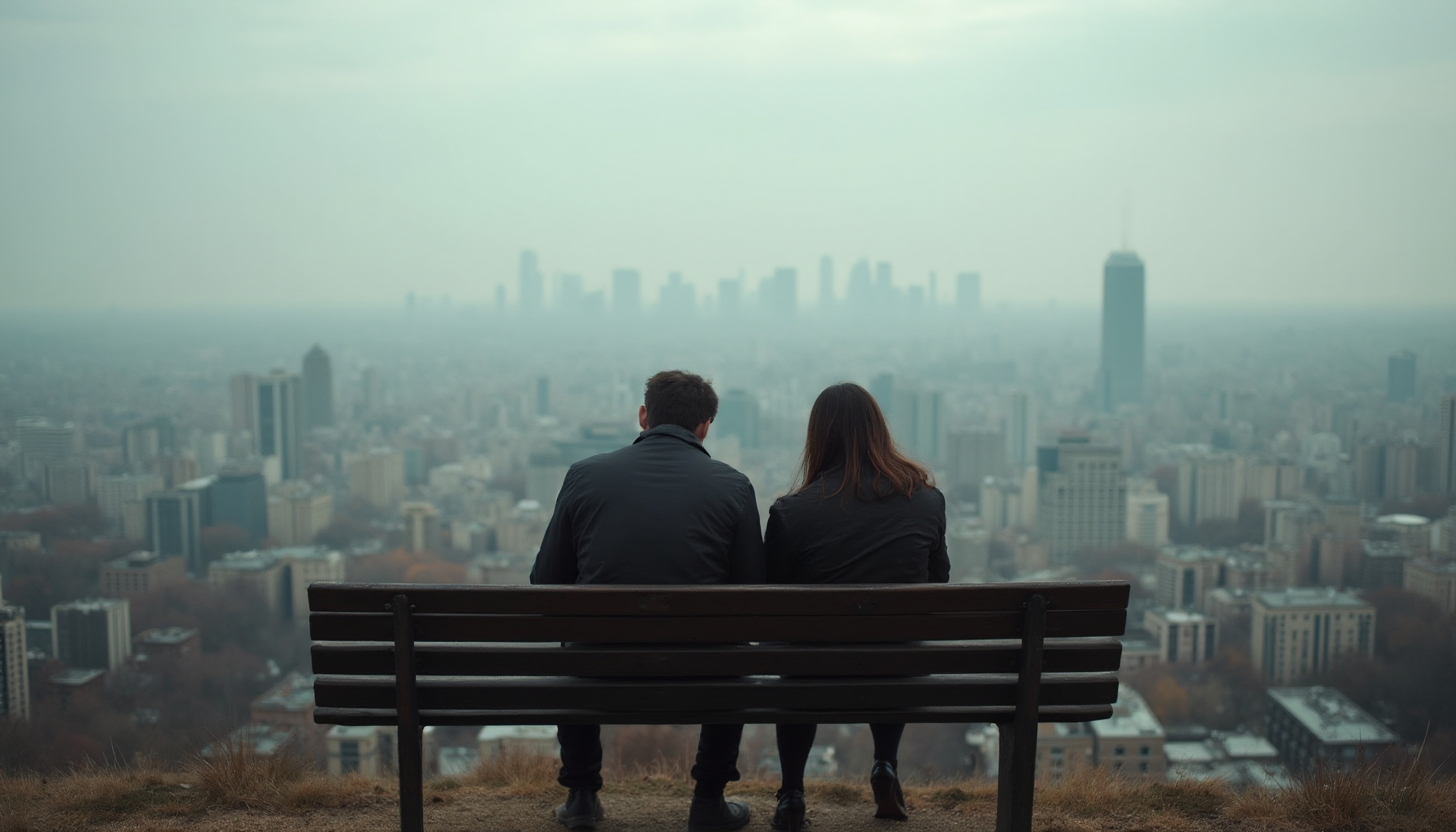 Couple Overlooking Foggy Cityscape