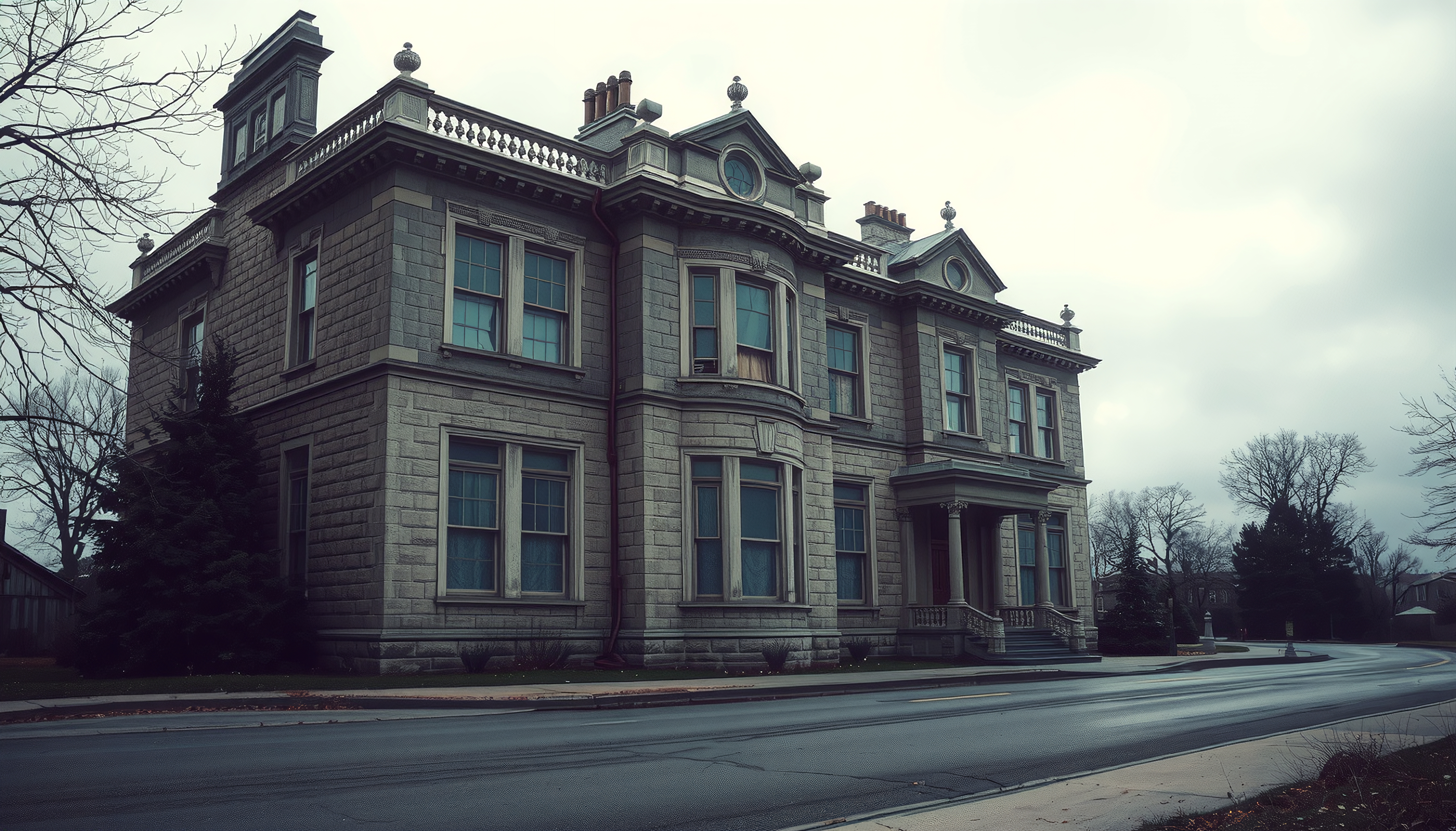 Victorian mansion with intricate stone architecture framed by bare winter trees under an overcast sky, creating a dramatic and atmospheric scene.