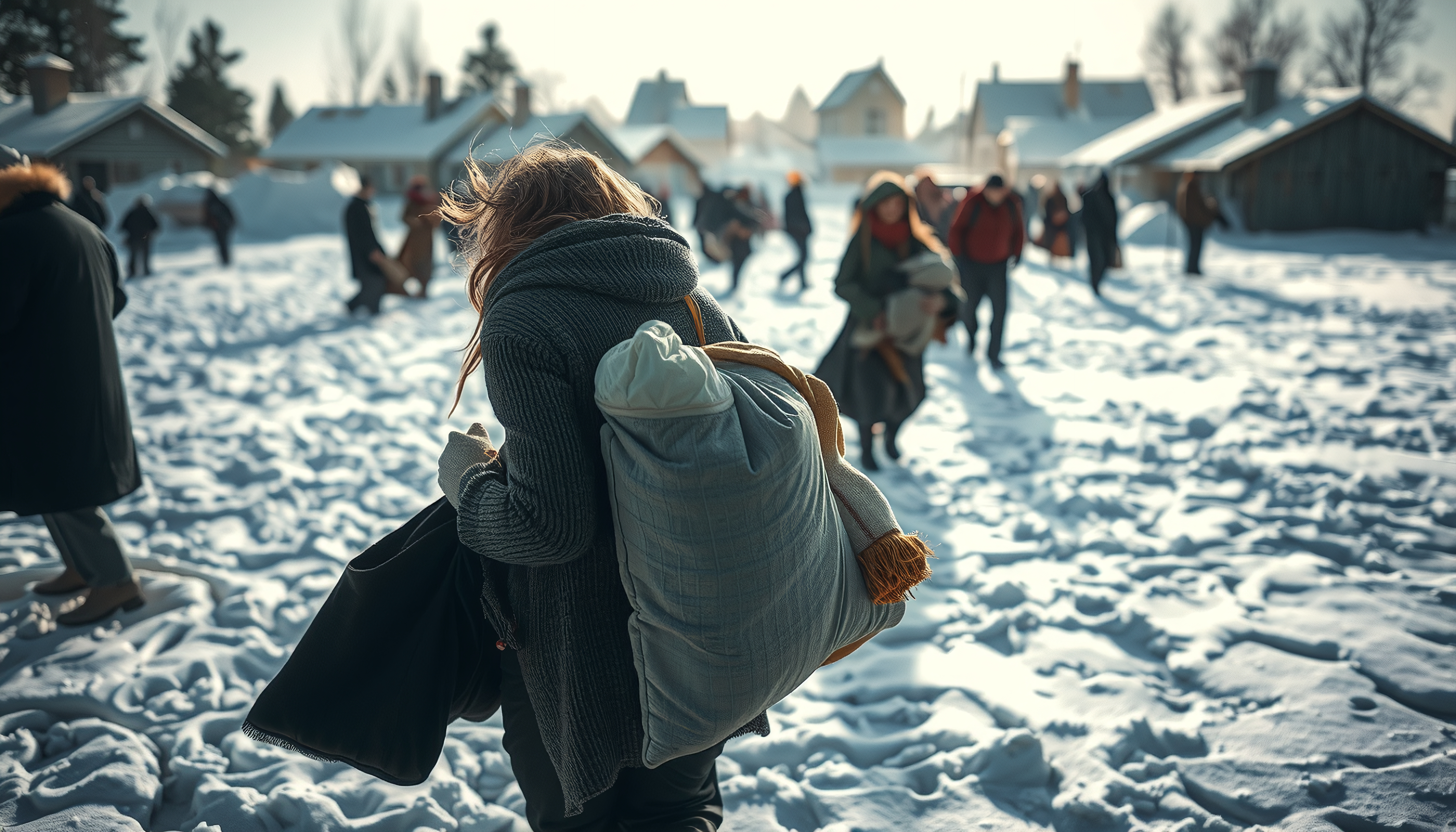 Winter Trek Through Snowy Village