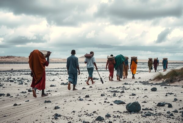 A group of people walking along a rocky beach carrying baskets under an overcast sky.