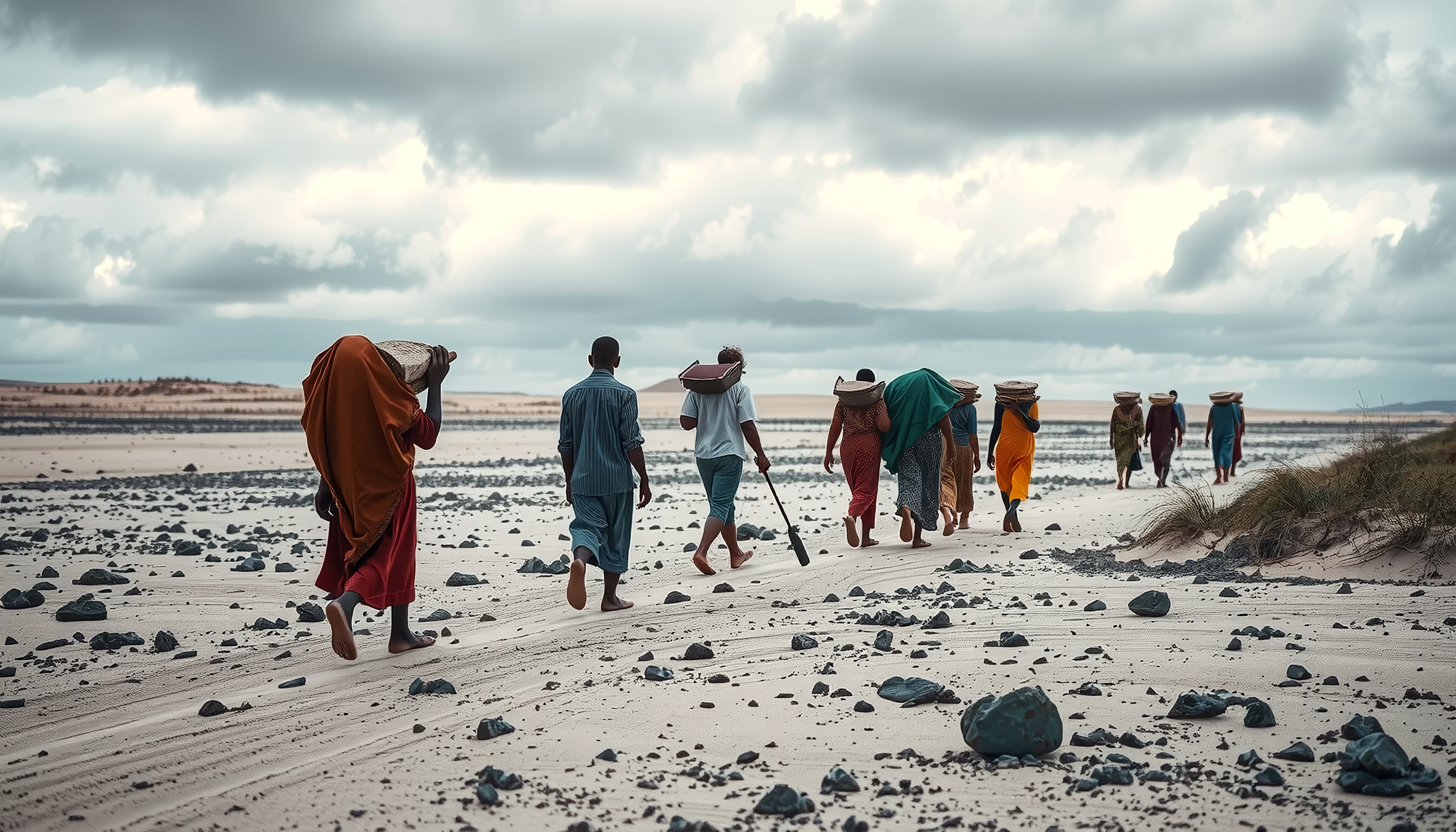 A group of people walking along a rocky beach carrying baskets under an overcast sky.