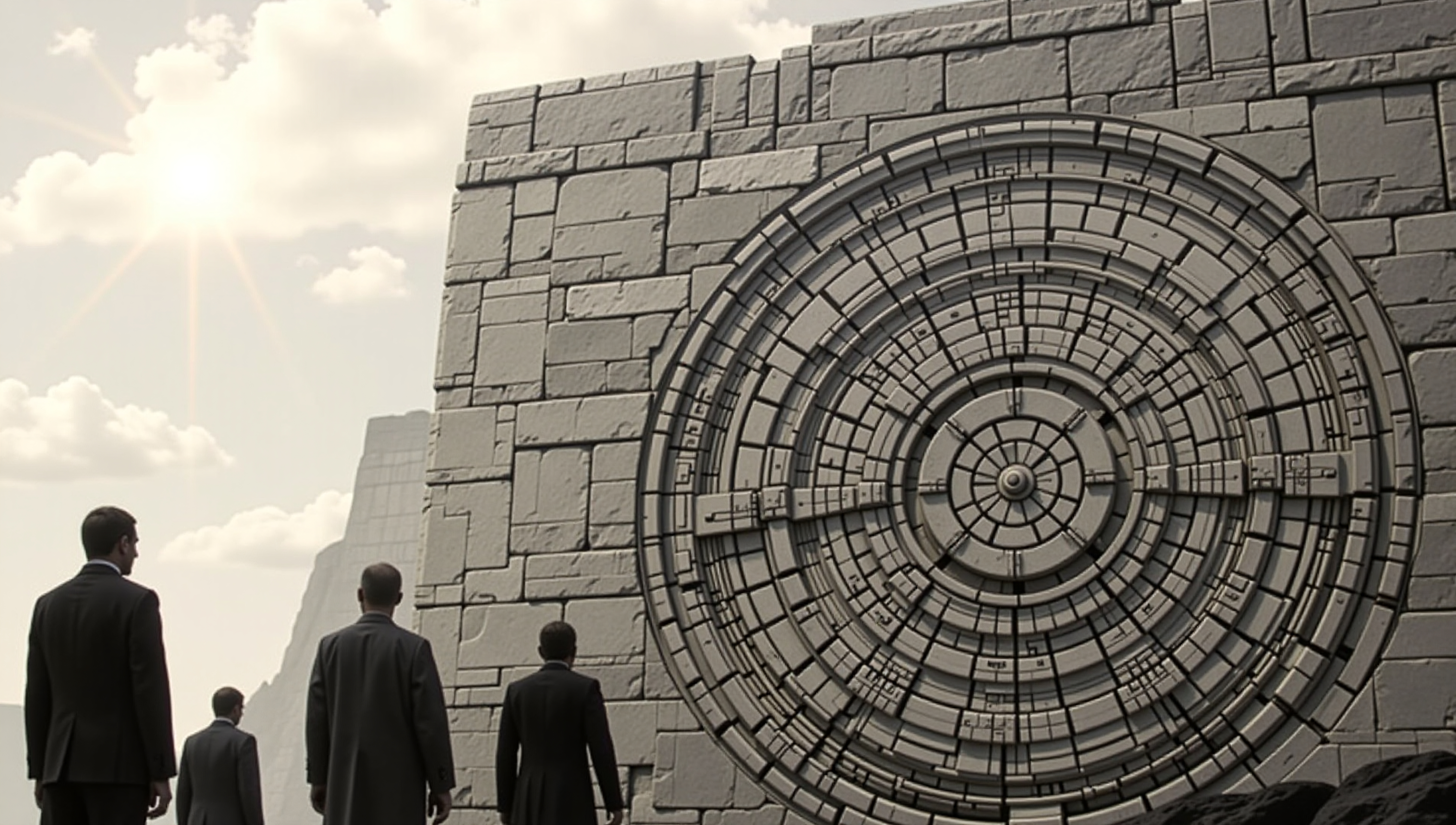 A group of individuals stand before a massive stone structure with an intricate circular design, symbolizing mystery and exploration.