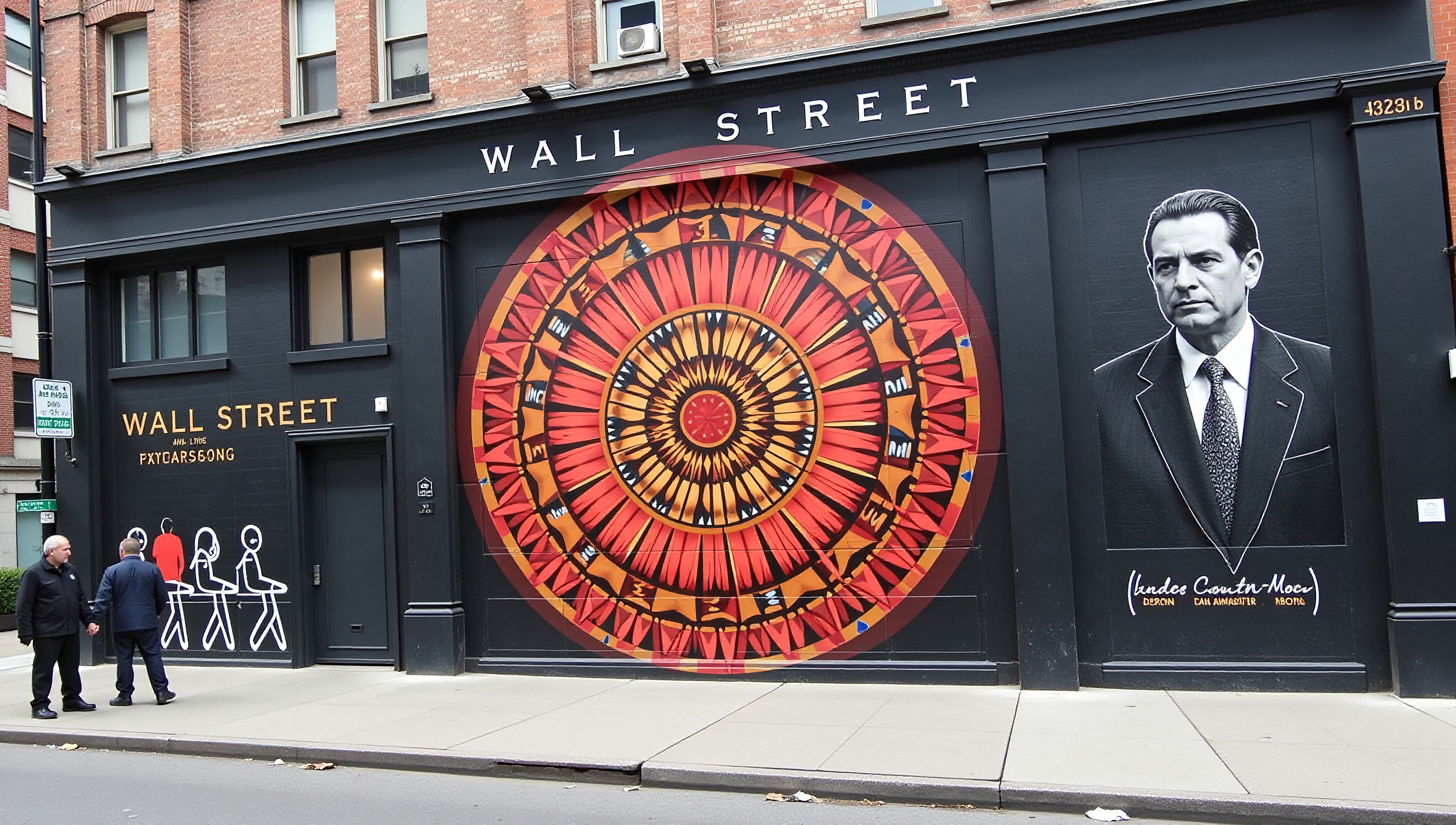 Wall Street mural with vibrant circular pattern and grayscale portrait in urban setting.