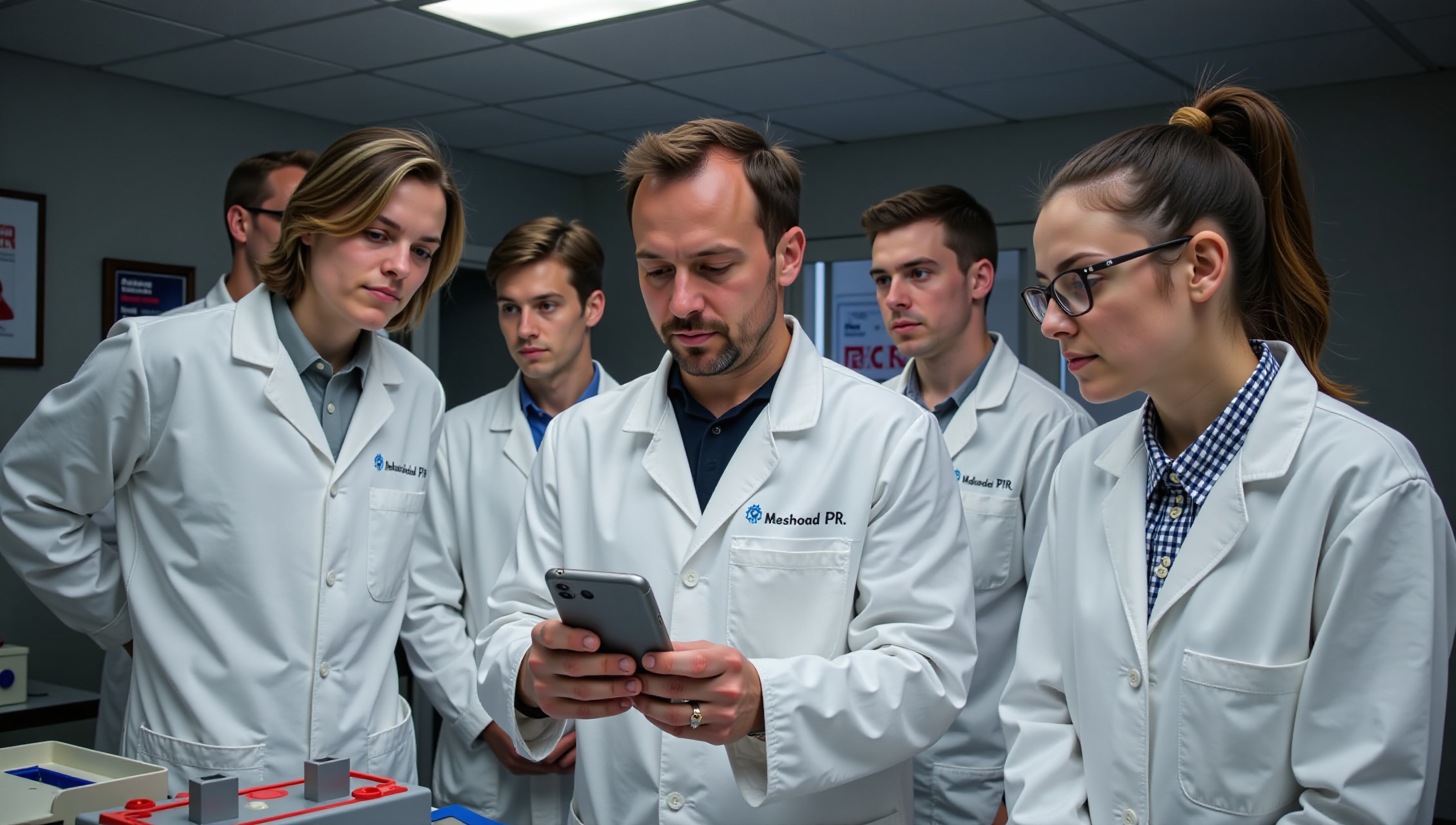 A group of researchers discusses data analysis in a lab.