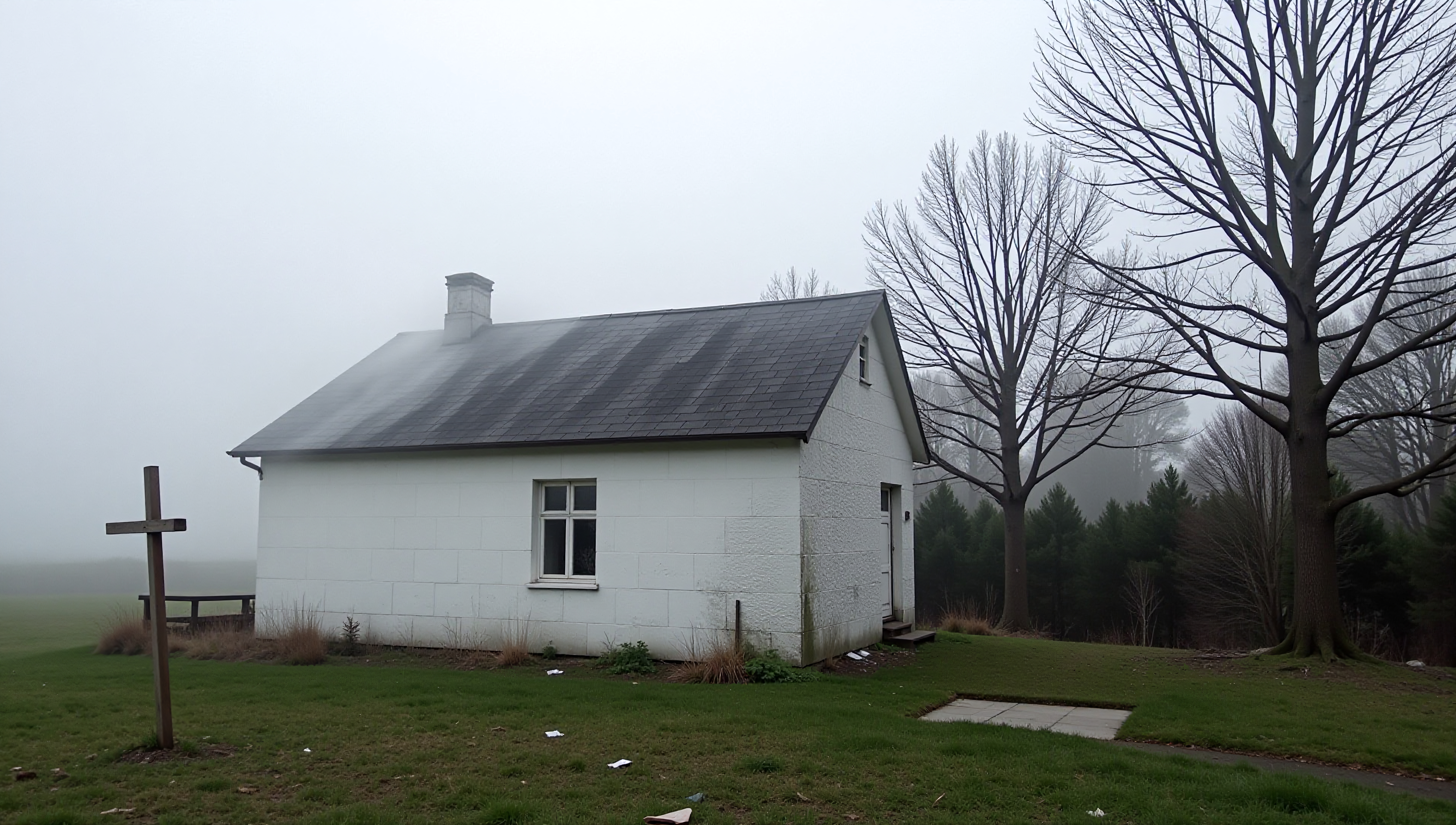 A foggy landscape featuring a small white chapel with a wooden cross, surrounded by grass and bare trees.