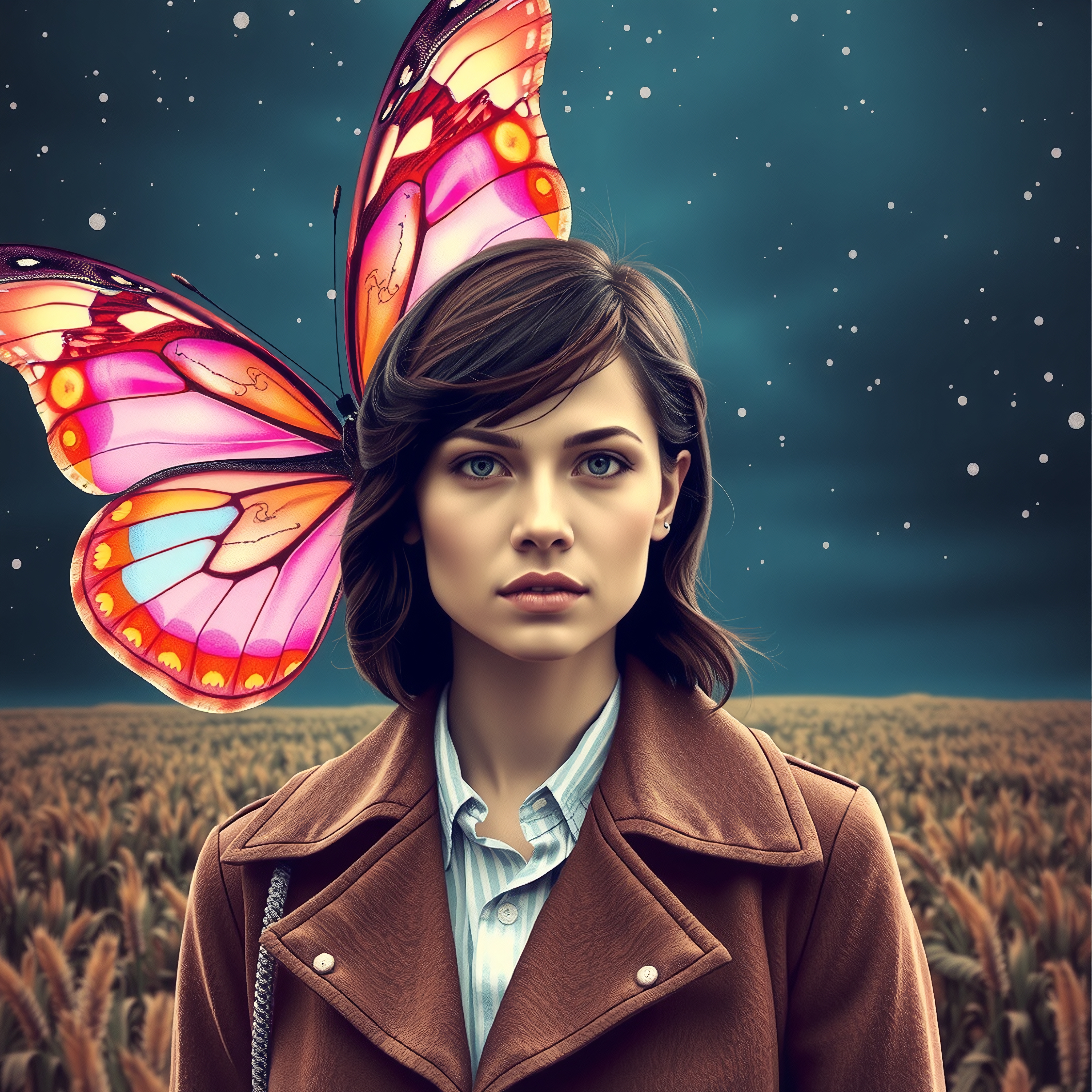 Woman with butterfly wings in a dreamy field under a starry sky.
