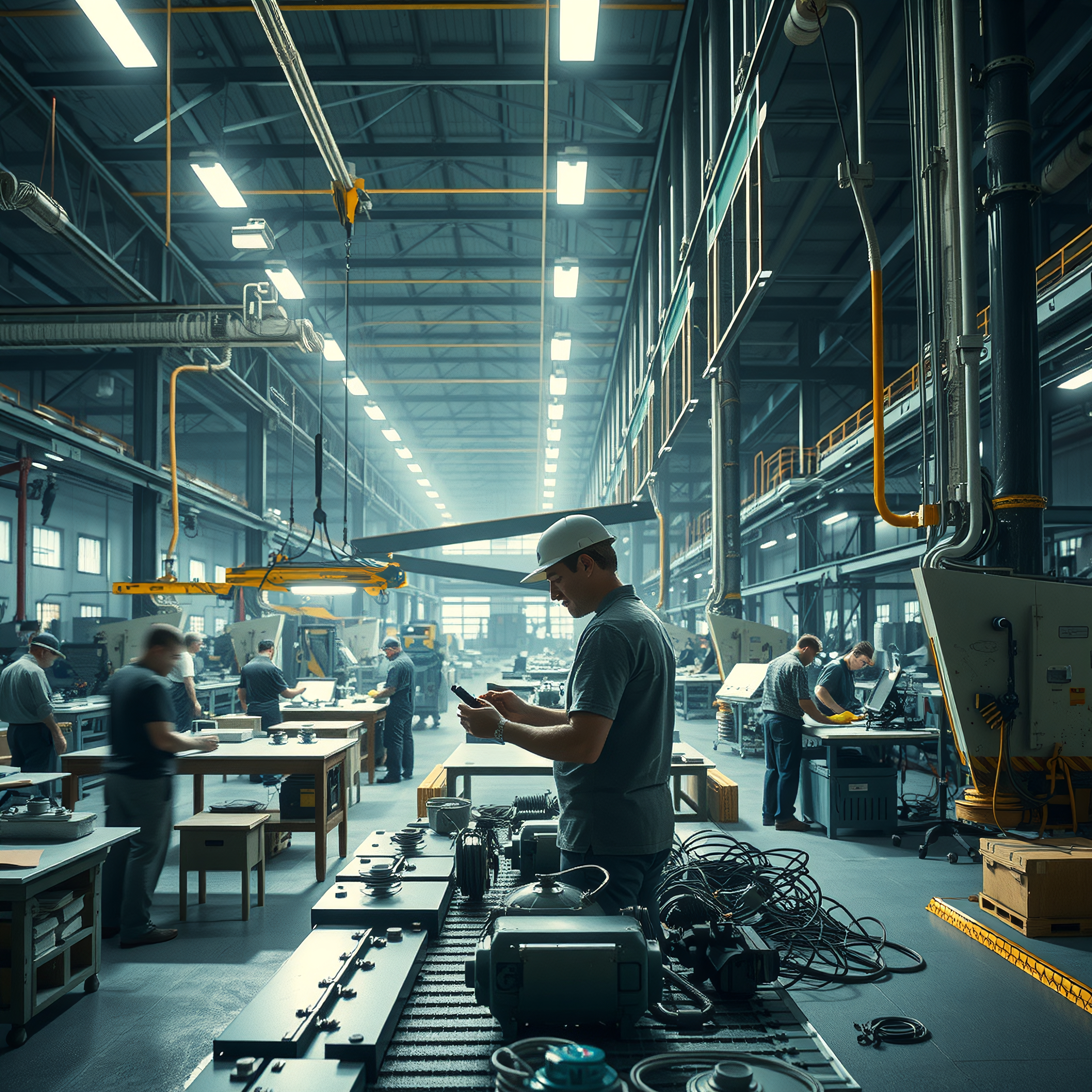 Industrial factory scene with workers, machinery, and equipment.