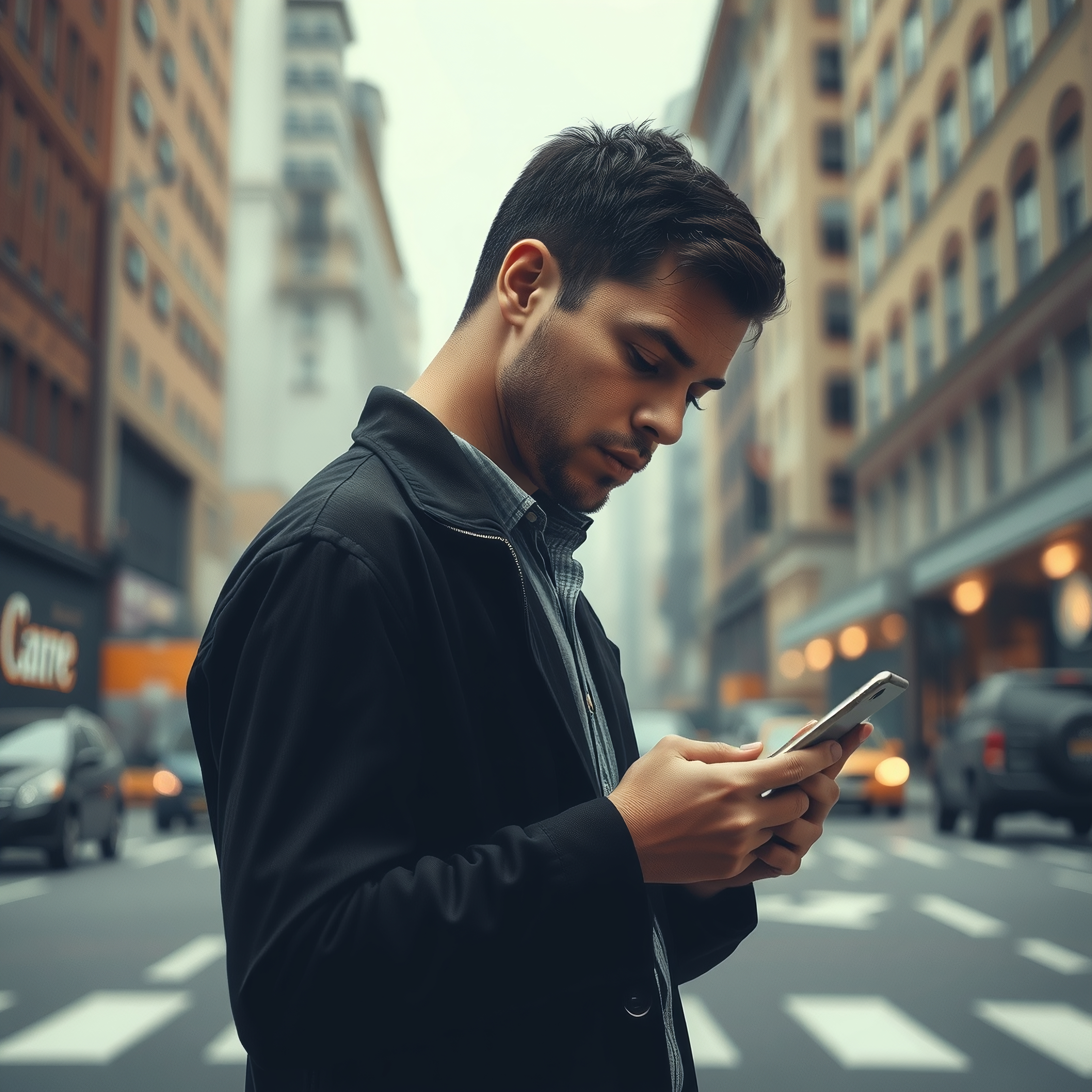 A young man absorbed in his smartphone amidst a bustling urban cityscape.