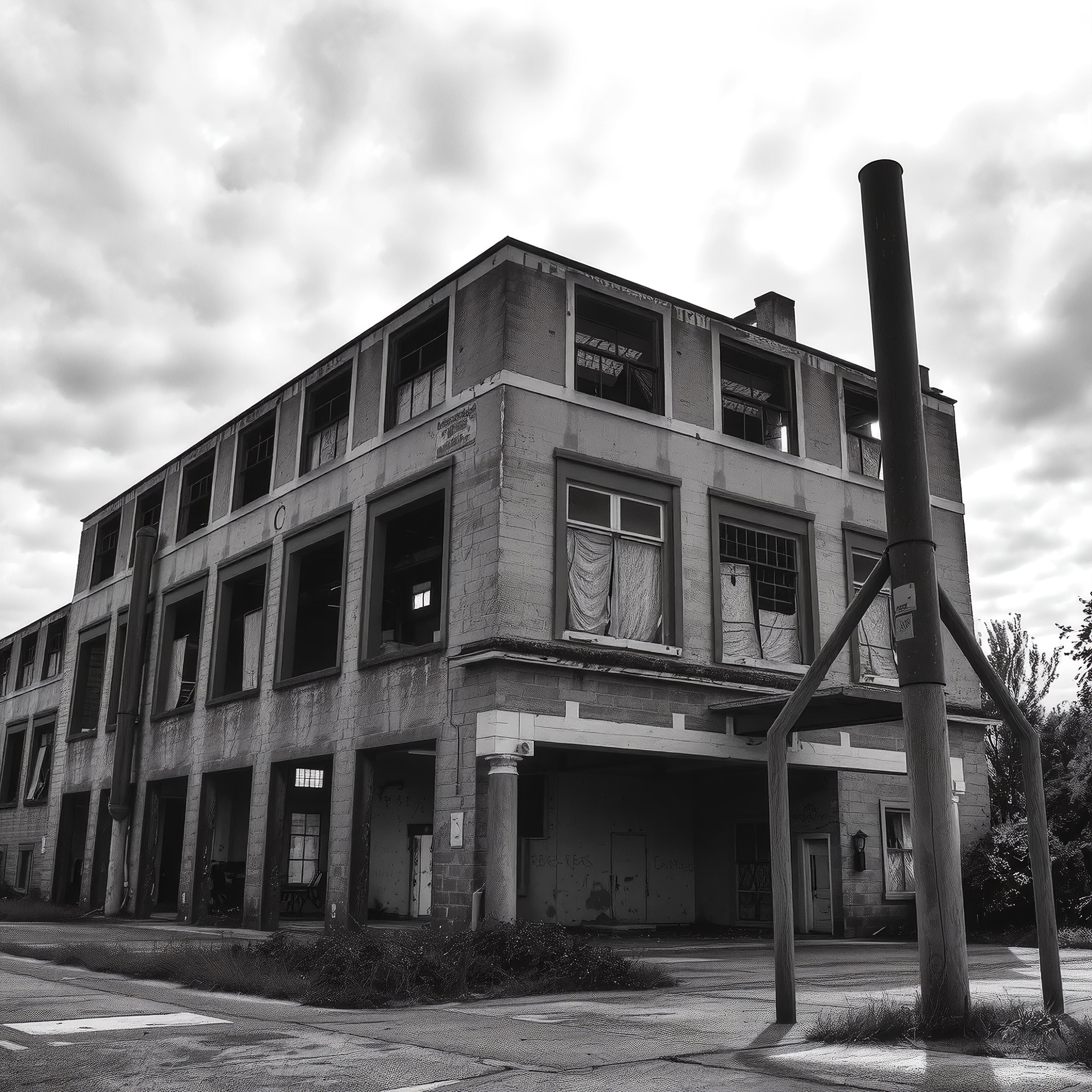 Abandoned industrial building under cloudy sky.