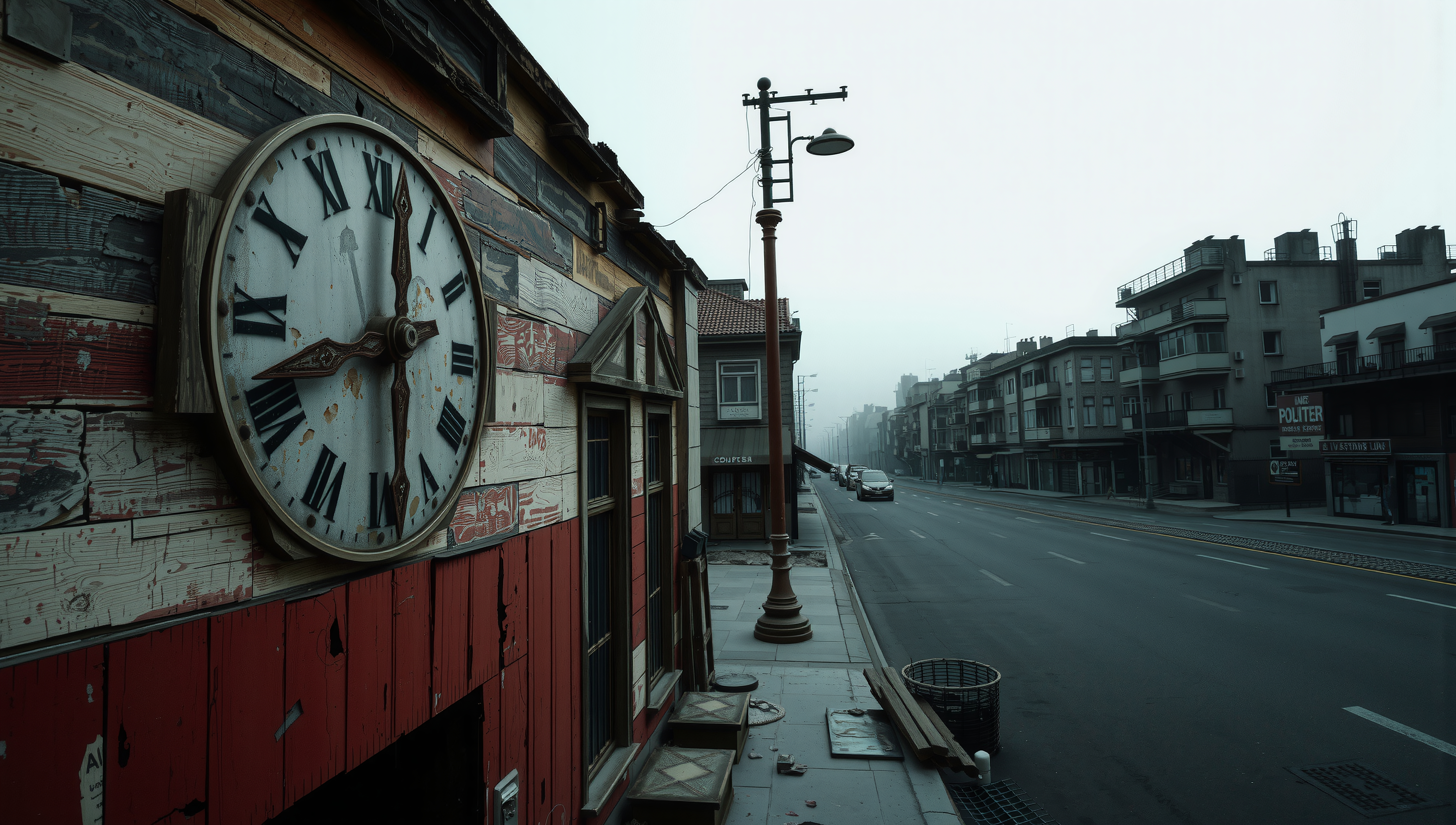 A vintage street clock on a quiet urban street lined with buildings.