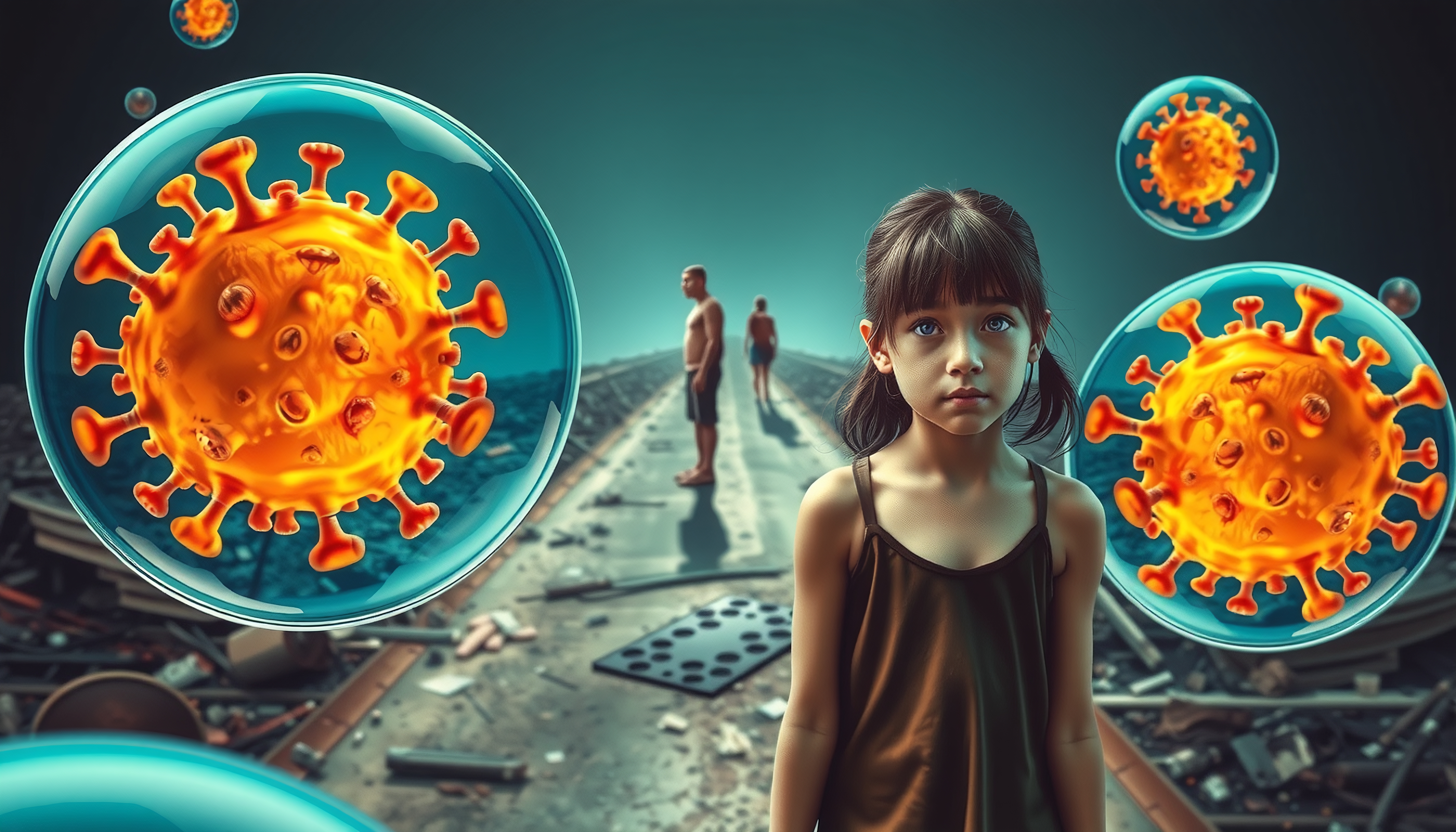 Surreal image of a young girl surrounded by oversized virus imagery, highlighting pandemic impact.