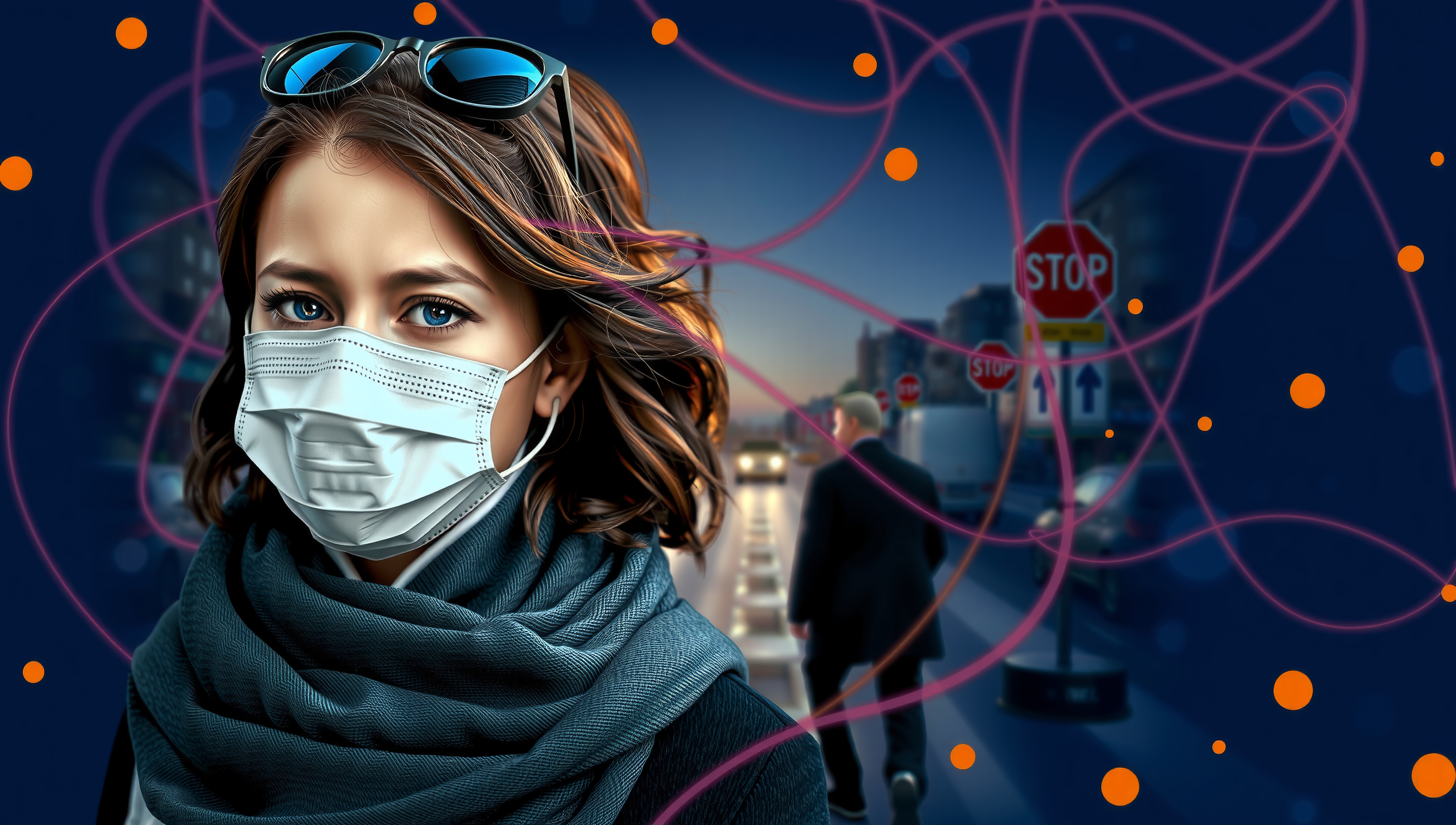 Woman wearing a face mask on a vibrant abstract city background, emphasizing safety and urban life challenges.