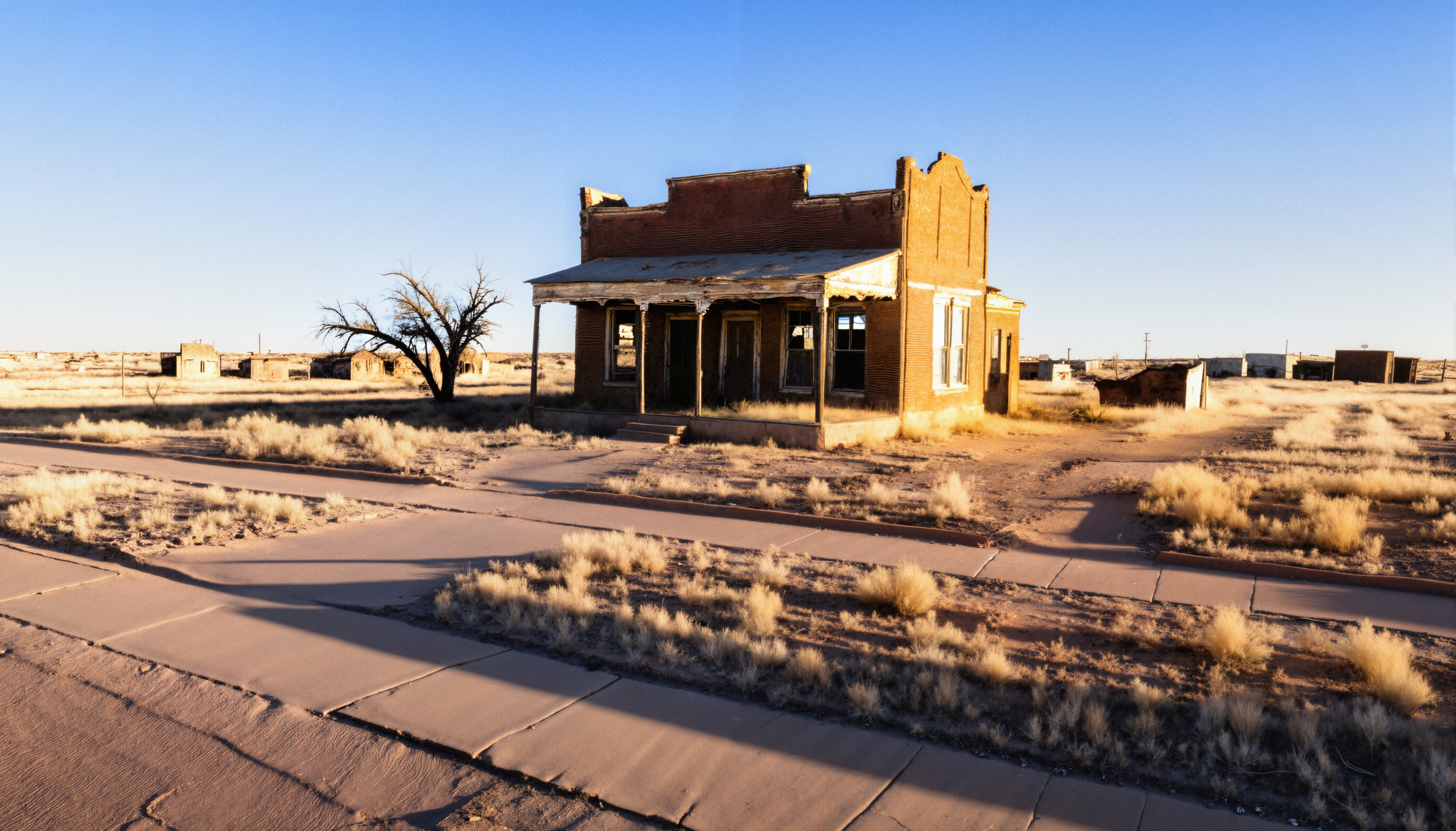 An abandoned brick building in a deserted landscape with dry grass and a clear blue sky.