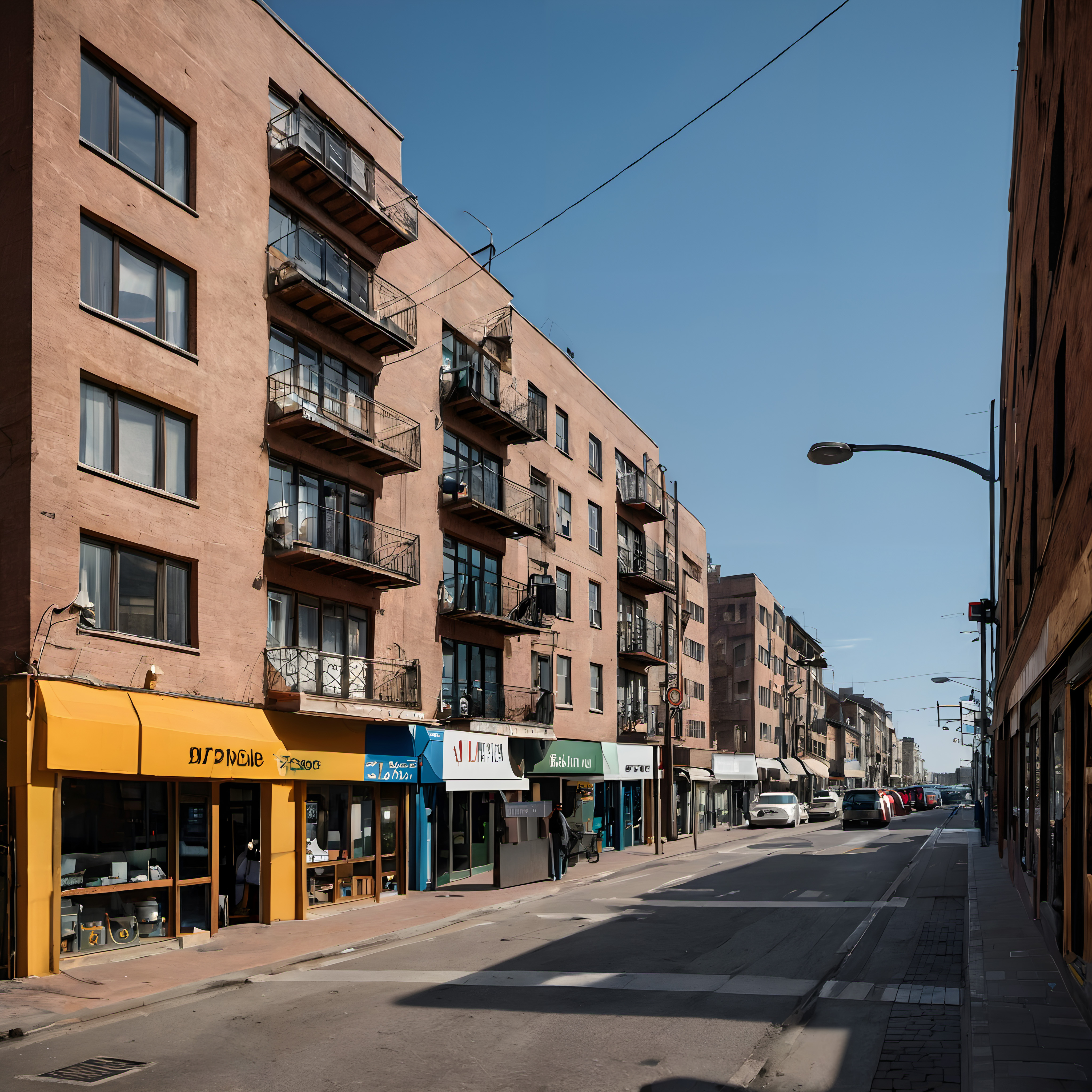 Street view with colorful shops and apartments under clear sky.