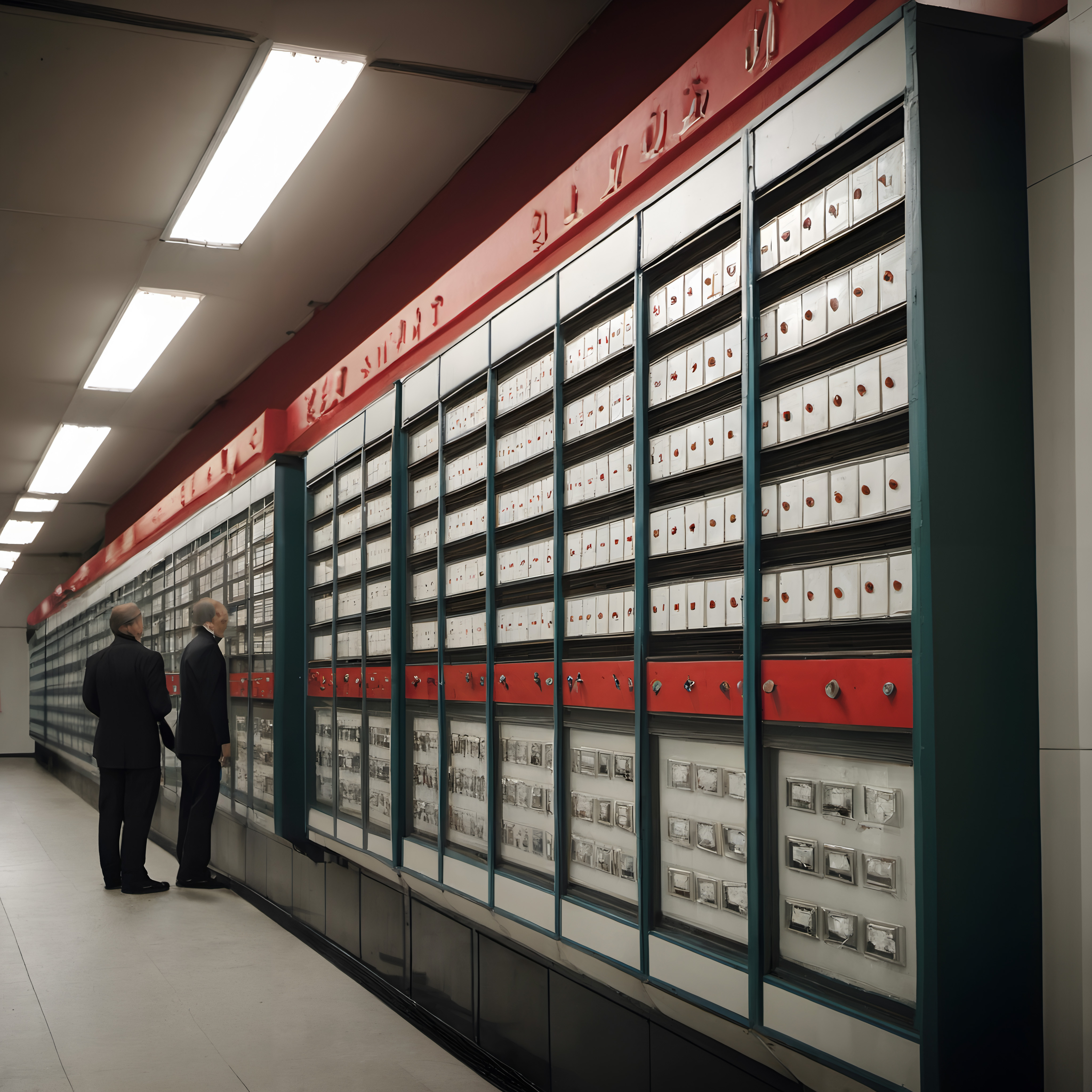 An extensive wall of organized storage units with labeled compartments in a brightly lit corridor.