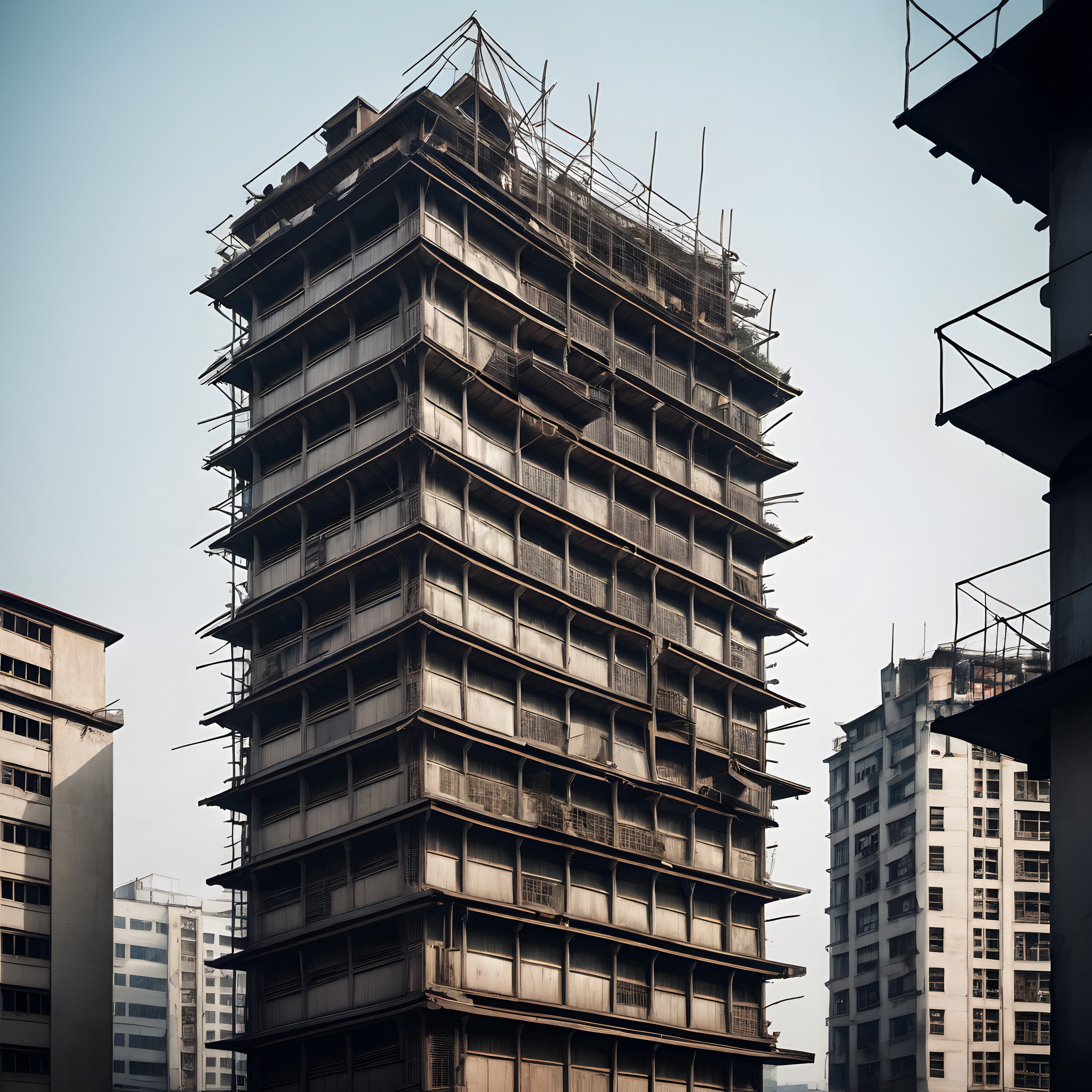 A tall, grid-patterned building under construction with scaffolding in a dense urban area against a clear sky.