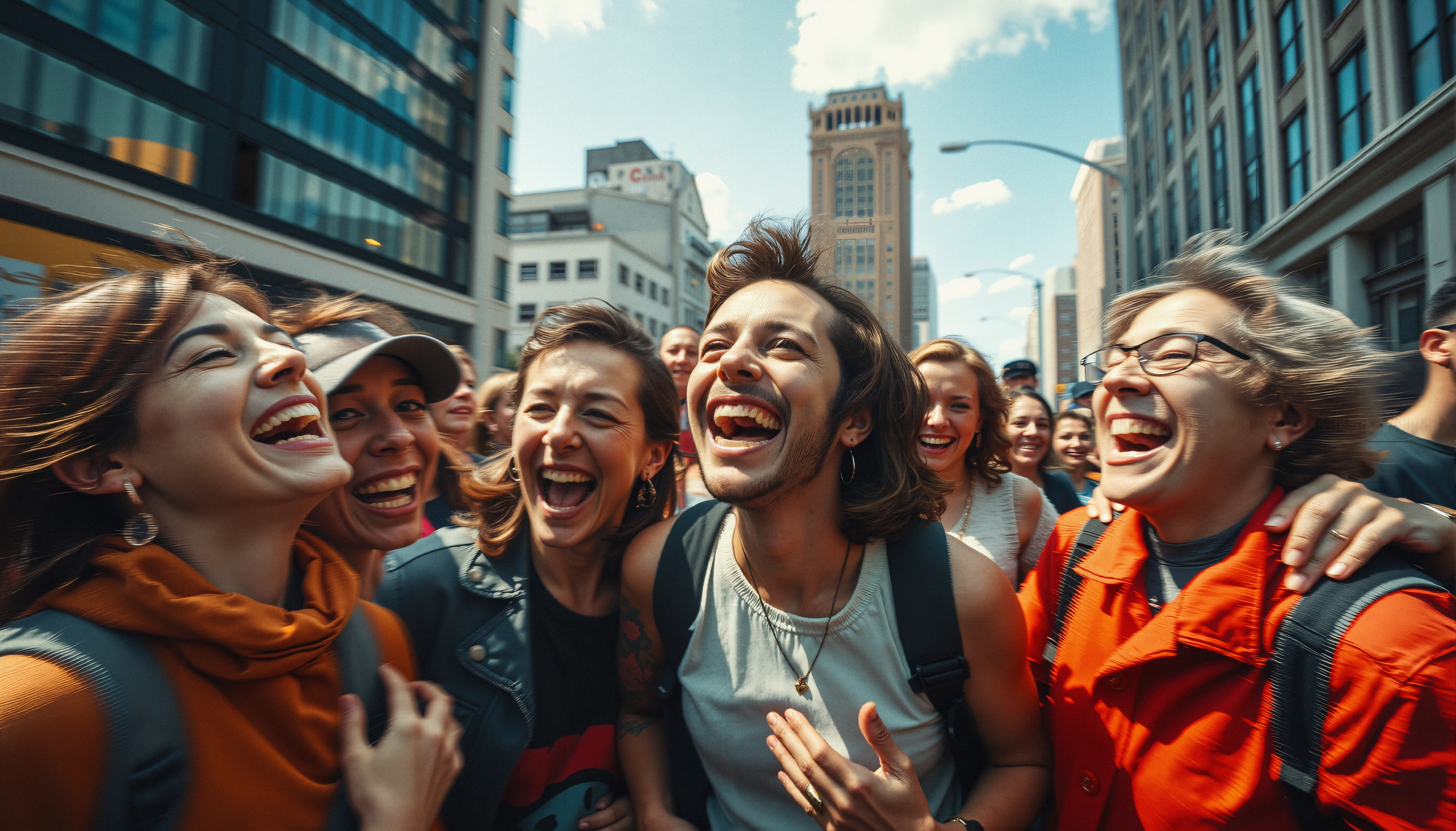 Joyful Laughter in Urban Street