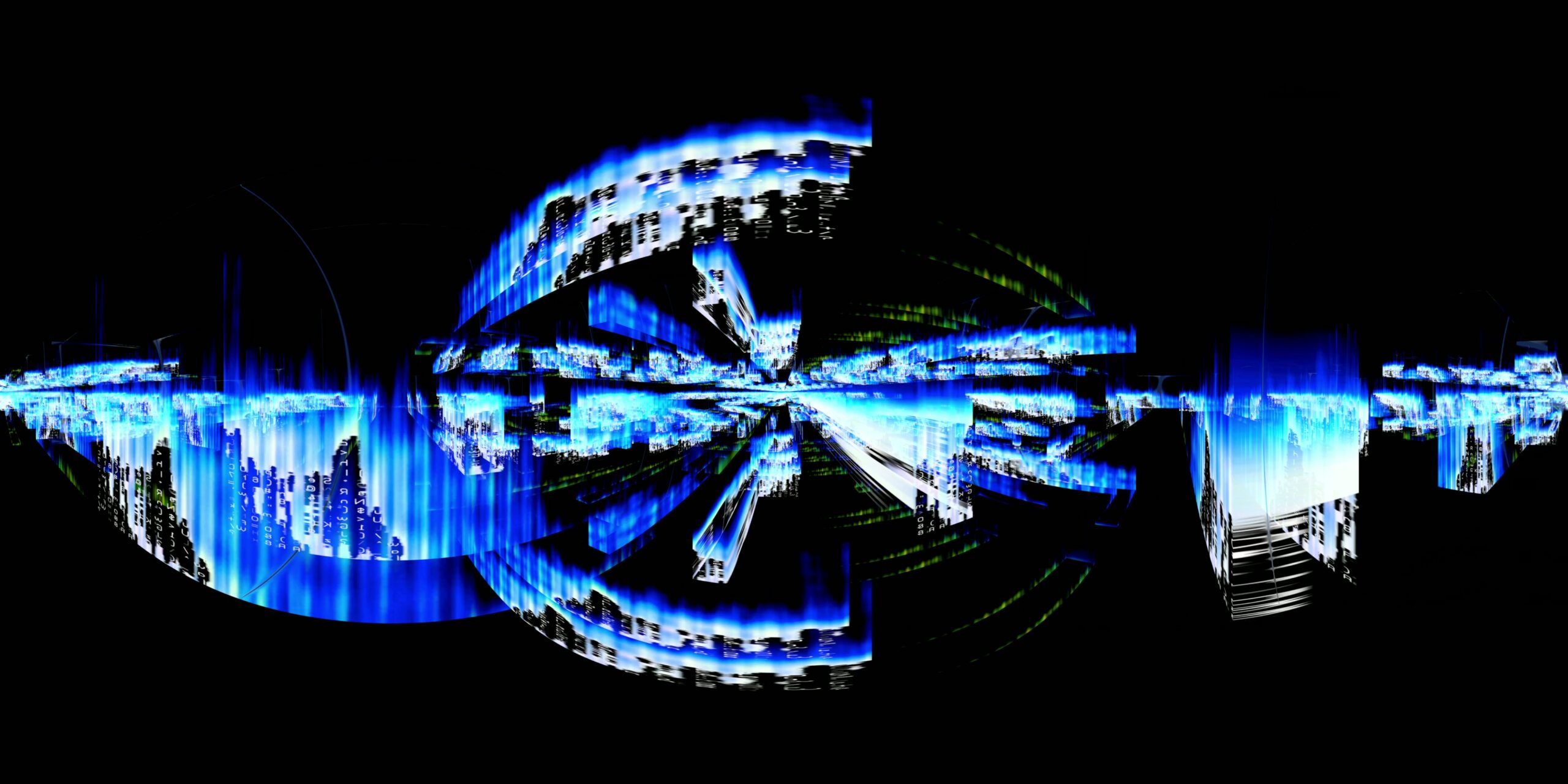 360VR 4K video loop in a futuristic abstract data stream in blue with digital glitch lines.