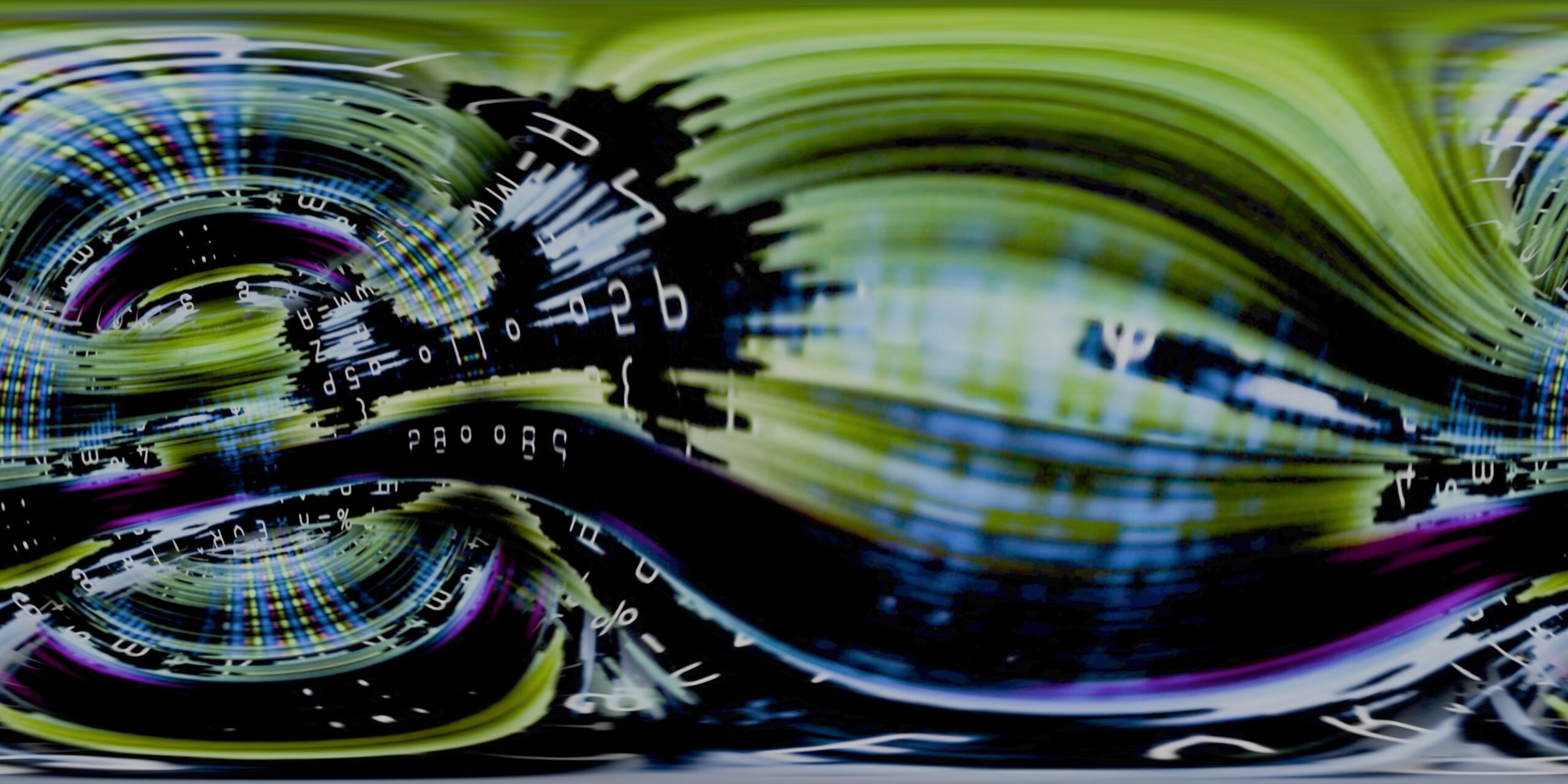 Abstract digital glitch waves in an immersive 360 VR technology background with flowing neon data streams.