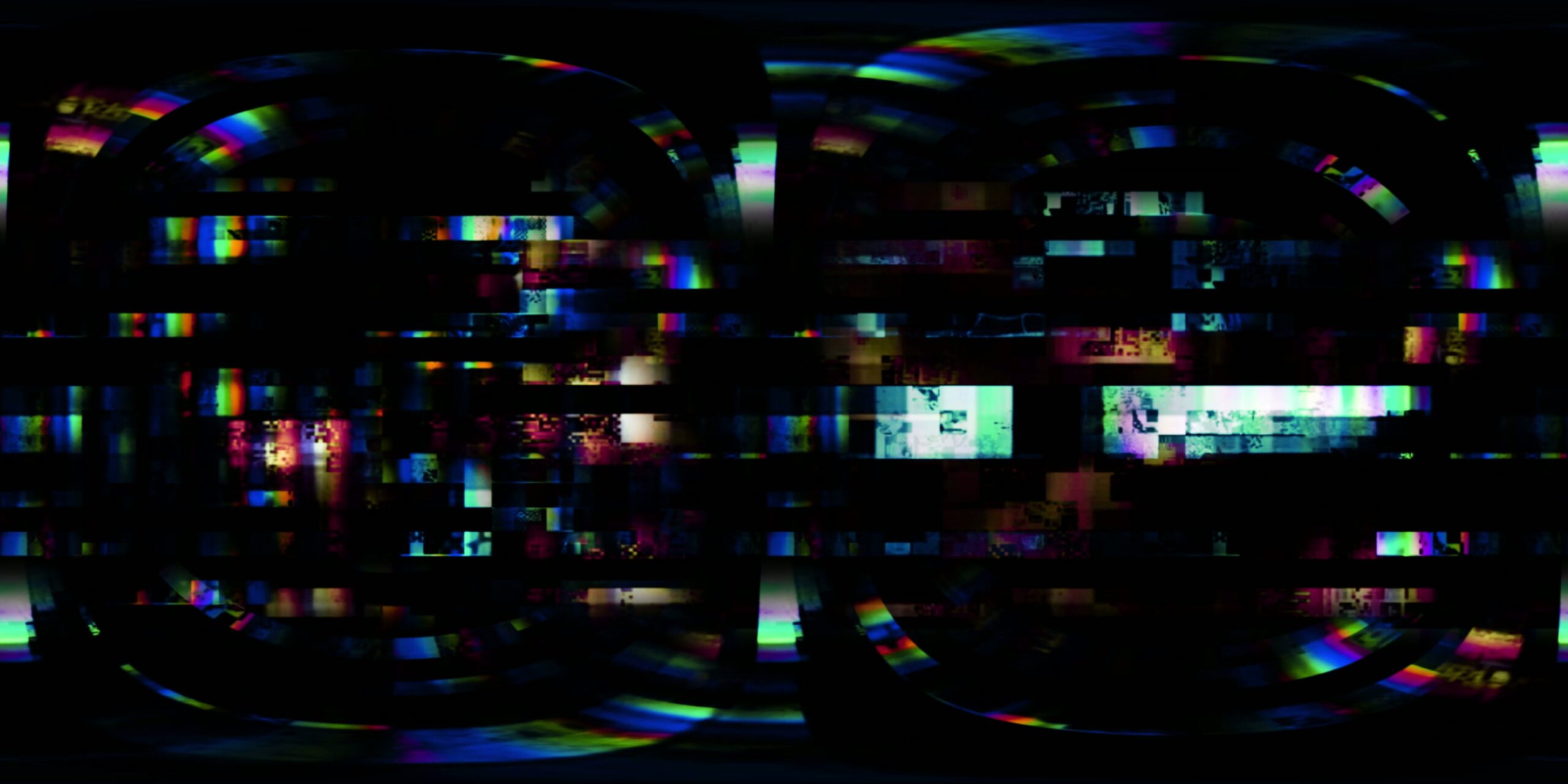 A 360VR 4K video loop of a digital abstraction featuring glitch art with colorful pixels and neon hues on a dark virtual reality background.